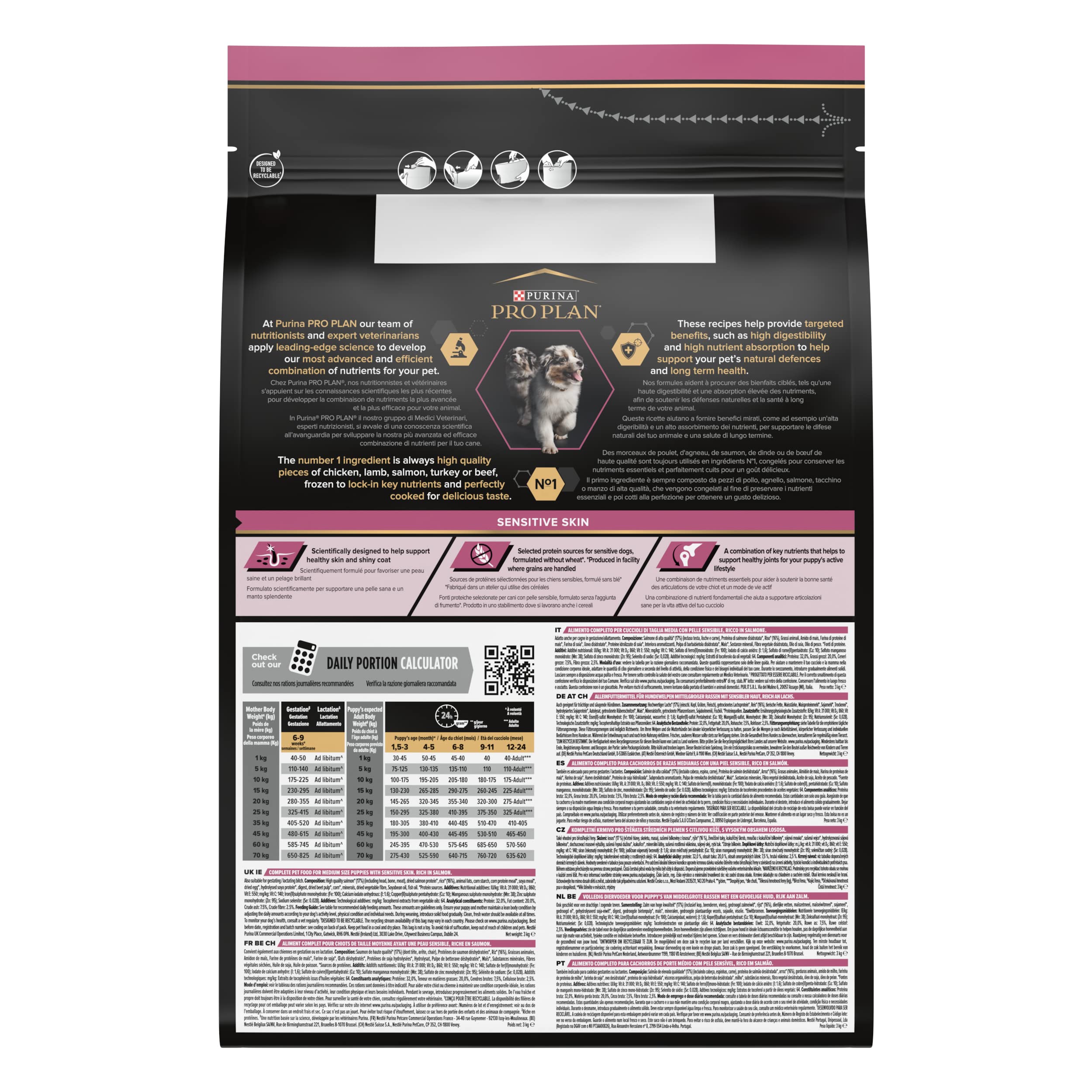Pro Plan Medium Puppy Sensitive Skin, Welpenfutter trocken, reich an Lachs, 2er Pack (1 x 3 kg)