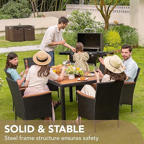 Miniatura 6 de Devoko Muebles de comedor de 7 piezas, juego de conversación de patio con mesa de madera de acacia, para exteriores, cojín beige y ratán negro Negro