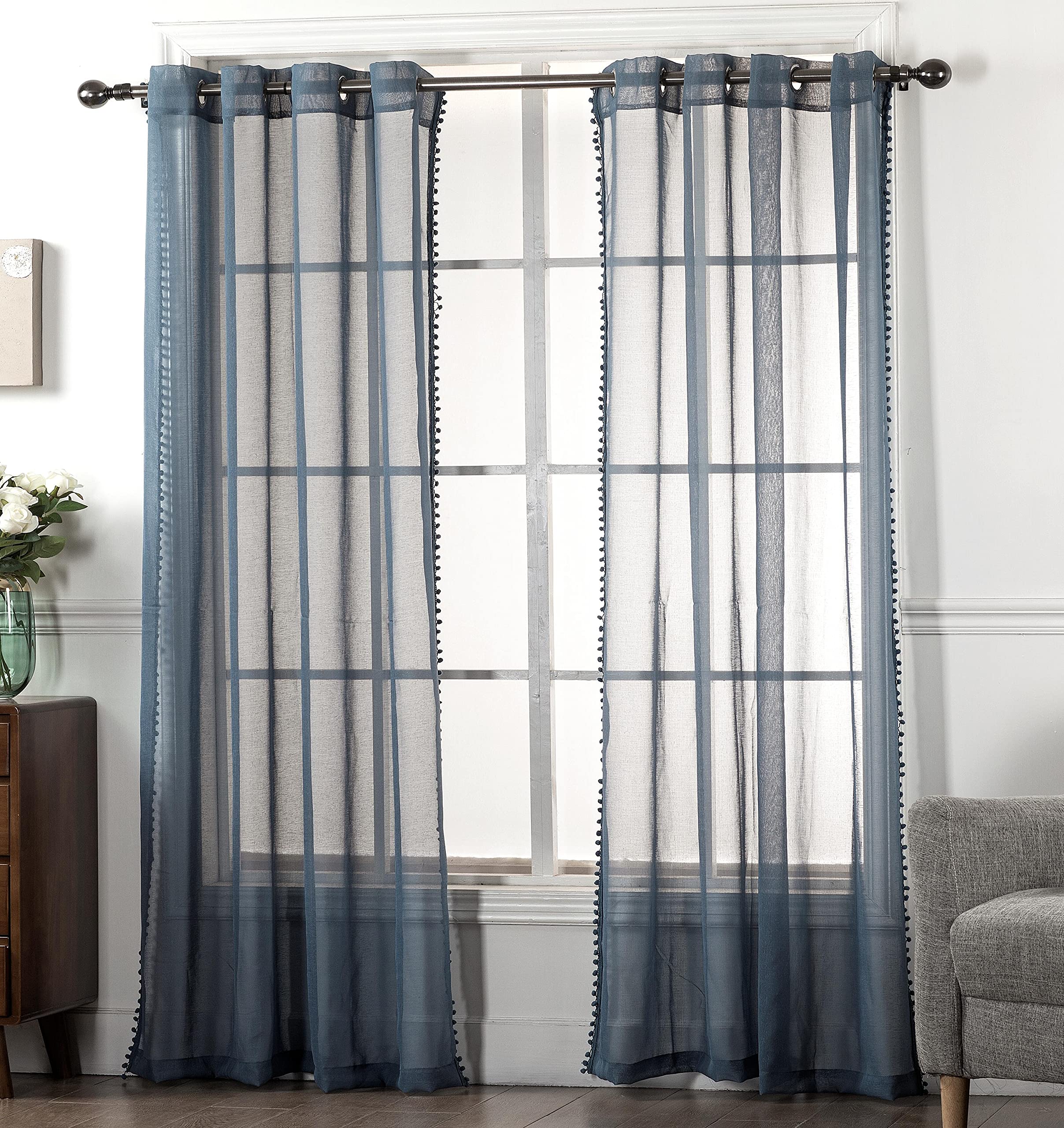 Amania Trading Ltd 1 Pair Of Denim Blue POM POM Eyelet Ring Top Header Linen Look Sheer Voile Children Modern Curtain Panels 90" (229cm) Drop
