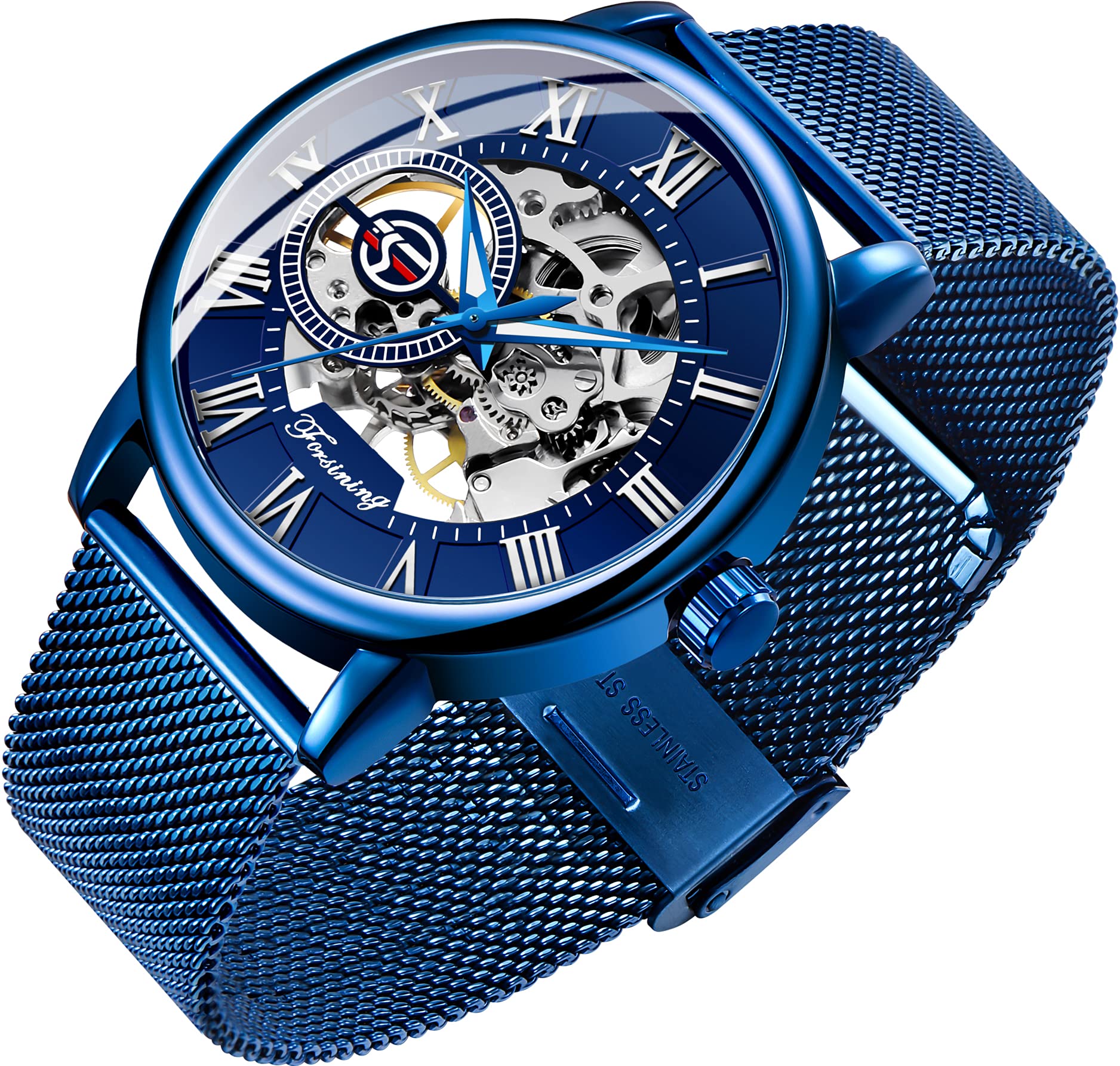 Men's Skeleton Watch Classic Roman Numeral Steampunk Mechanical Watch Hand-Wind Mens Watches (Blue)