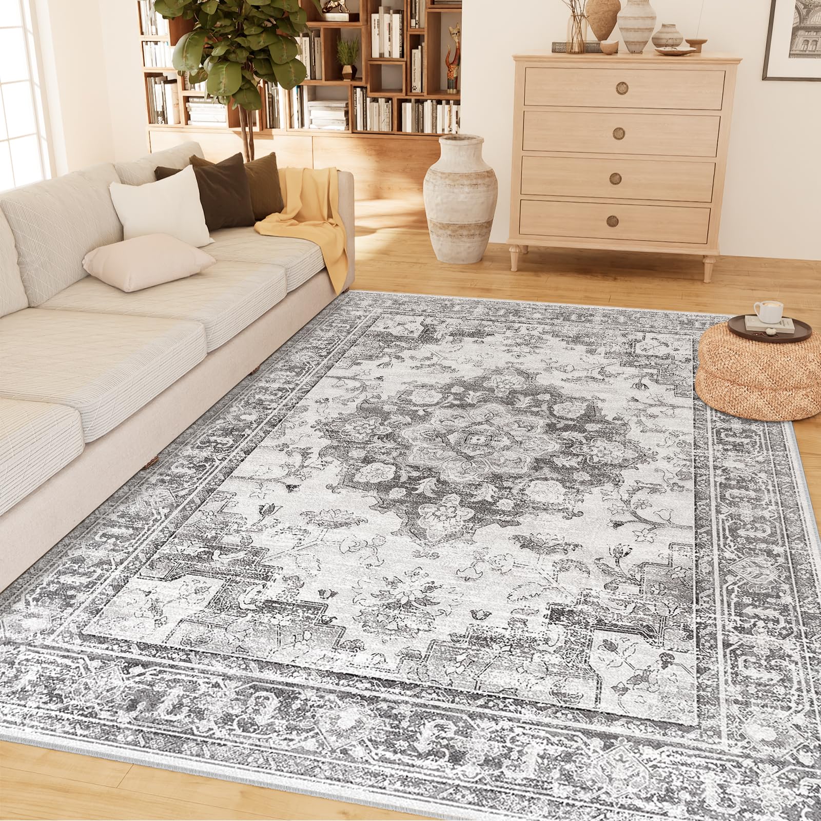 Machine Washable 6x9 Area Rugs for Living Room Vintage Carpet Non Slip Low Pile Water Repellent Soft Print Pattern for Bedroom Indoor Decor Polyester Rug Blackgray