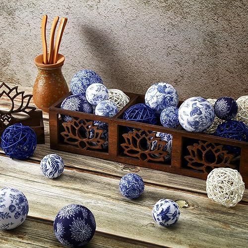 Miniatura 4 de Halloscume 36 bolas decorativas para cuencos de centro de mesa de 2.4 pulgadas, bolas de mimbre de ratán de 1.57 pulgadas, decoración azul y blanca,