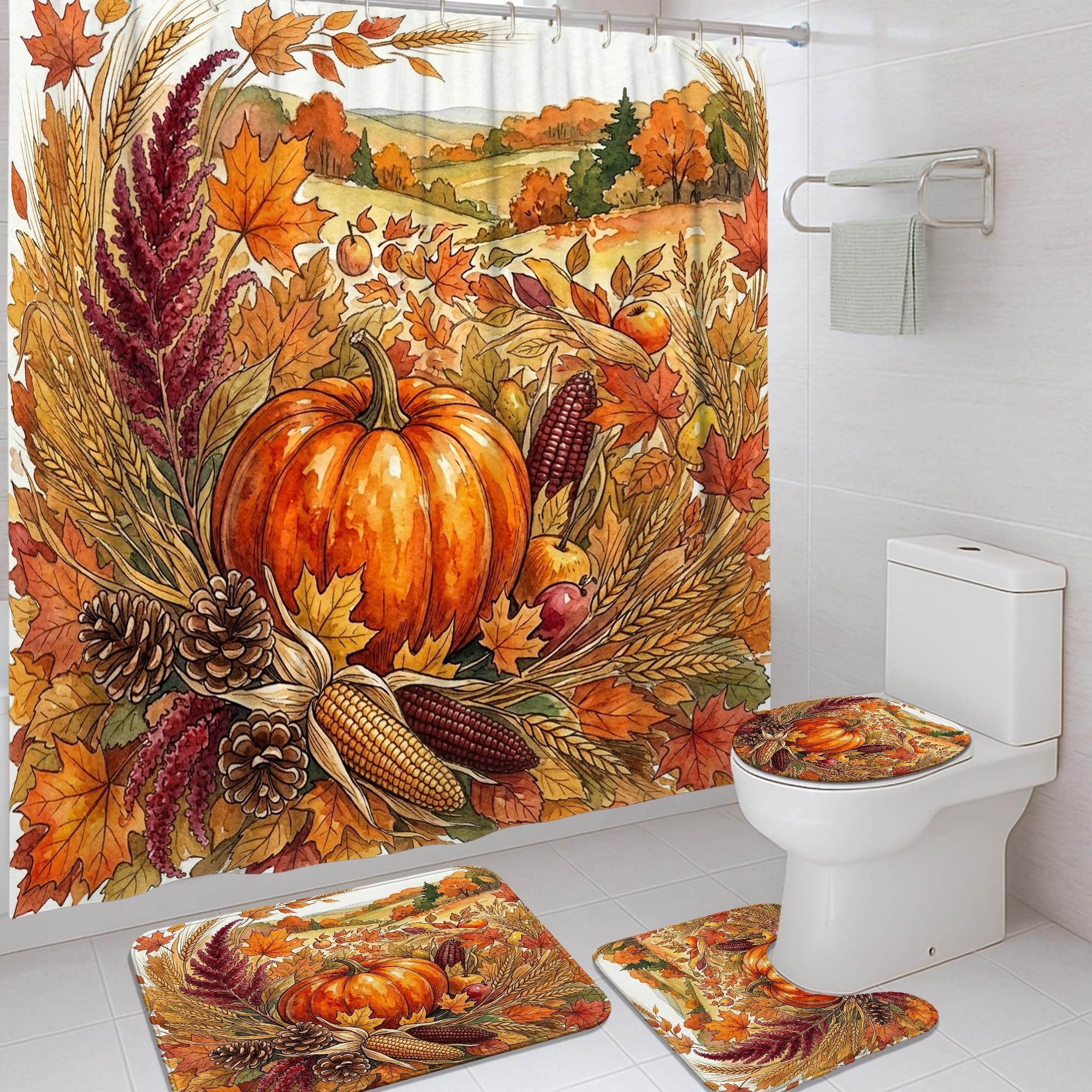 Rideau de douche imperméable anti-éclaboussures motif citrouille avec tapis absorbant orange