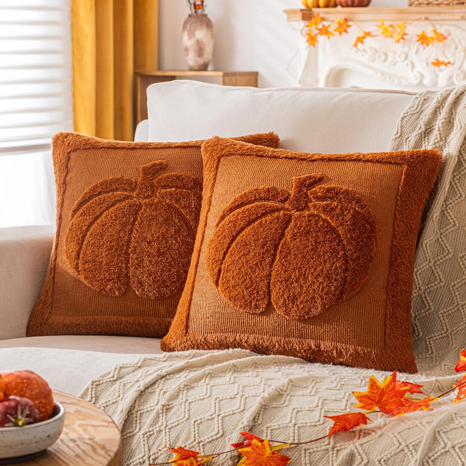 Burnt Orange Pumpkin Fall Pillow Covers 20"x20" Set of 2, Embroidered Faux Fur Decorative Throw Pillow Covers for Couch Soft Fluffy Plush Cushion Cases for Farmhouse Halloween Home Decor Burnt Orange - B 20" x 20" (Pack of 2)