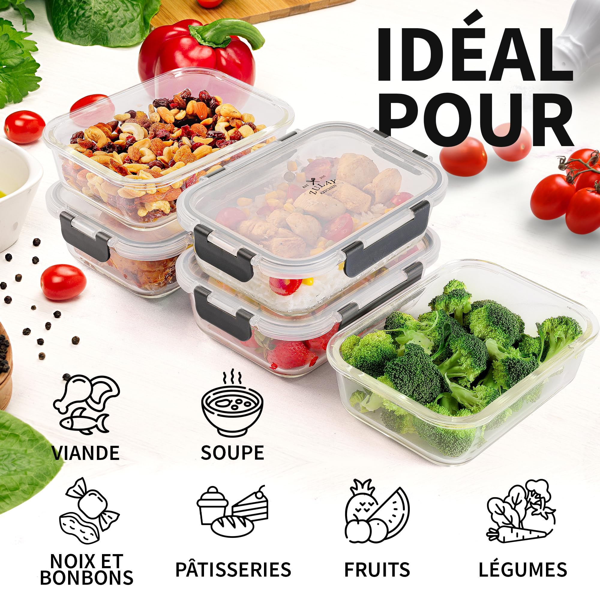Zulay Lot de 5 boîtes de rangement en verre avec couvercles – 1 020,6 g – Boîtes de conservation en verre avec couvercles hermétiques à fermeture à pression anti-fuite