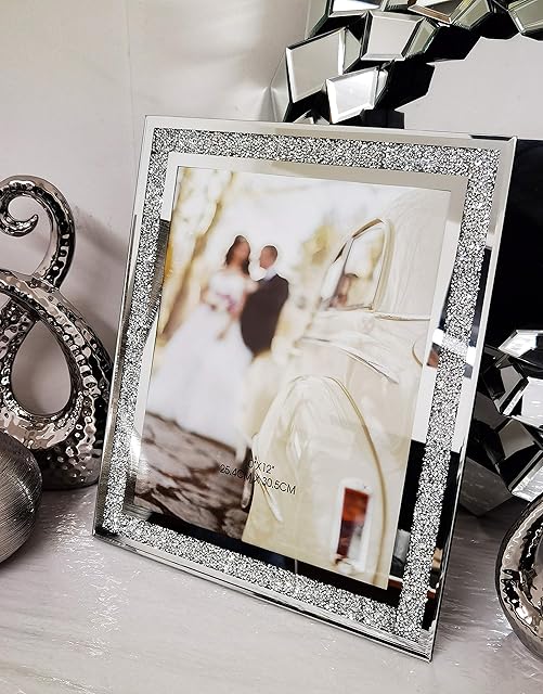 GLASS PHOTO FRAME JEWEL MIRROR SILVER LOOSE DIAMANTE NEW CRYSTAL DECOR MIRROR PHOTO FRAME SPARKLE GIFT WEDDING FRIENDS FOR DESK (10 x 8 inches)