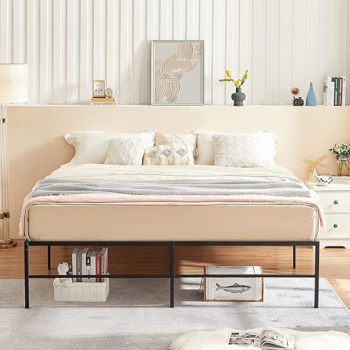 Miniatura 67 de VECELO Marco de cama de plataforma de metal de 14 pulgadas, base de colchón, no necesita somier, soporte de listones de acero (tamaño matrimonial)