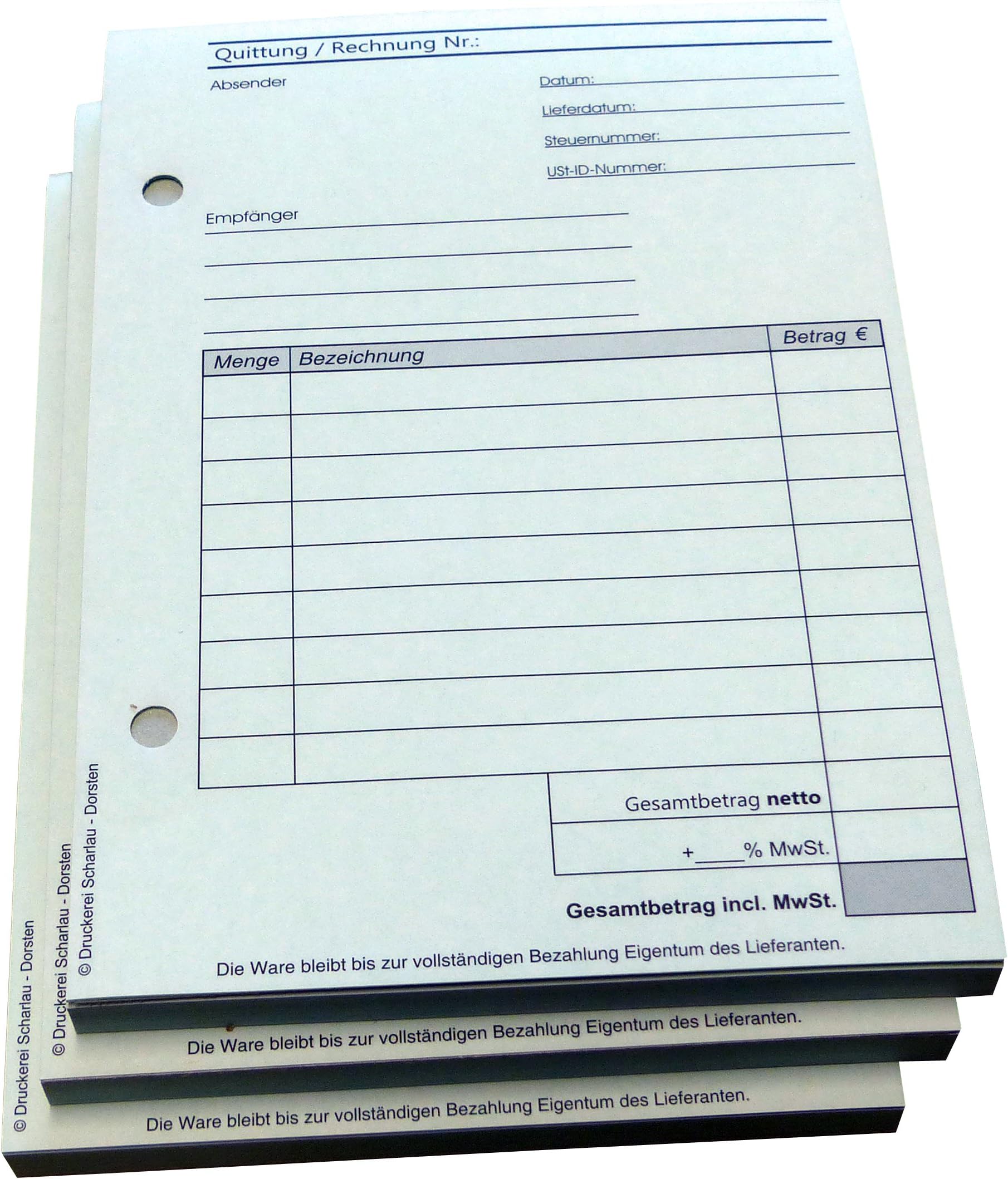 Produktbild von 20x Quittungsblock A6 Quer – 100 Blatt Pro Block, Gelocht, Von Druckerei Scharlau