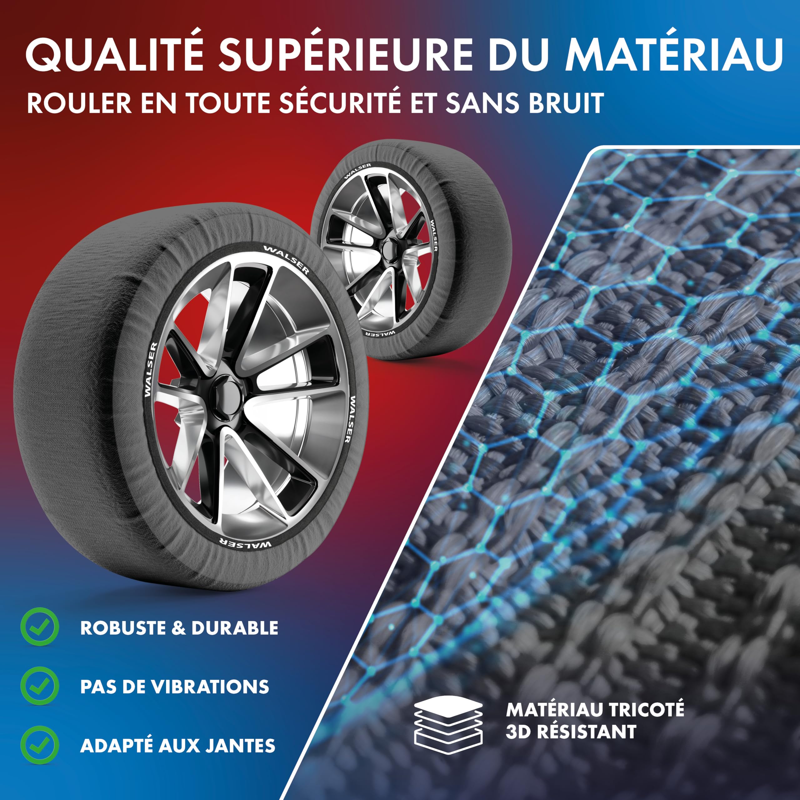 WALSER Premium Chaussettes à Neige Textile Homologué en 16662-1, 2 chaînes neige pour auto, set de deux chaussettes neige textile, chaînes hiver auto tissu snow sock taille de jante R13-R22, XL