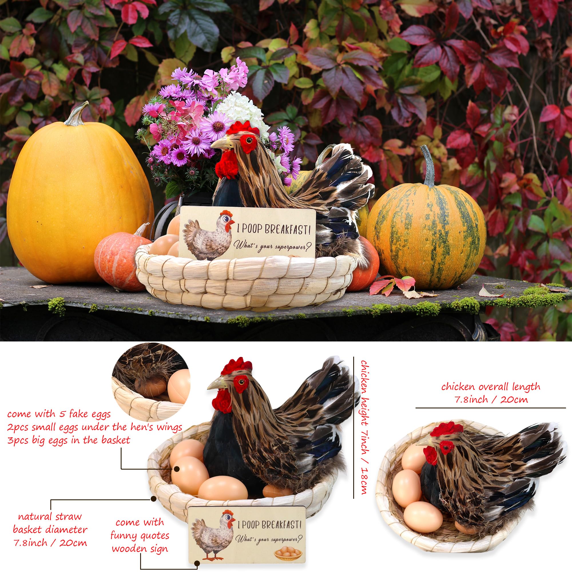 QNNEFF 20 cm realistisches Huhn mit 5 knstlichen Eiern, echte Feder,  brtende Henne Statue, knstliches Huhn, simulierte Henne Figur fr Garten,  Hof, Terrasse, Kche, Ostern, Bauernhof-Dekoration : Amazon.de: Garten