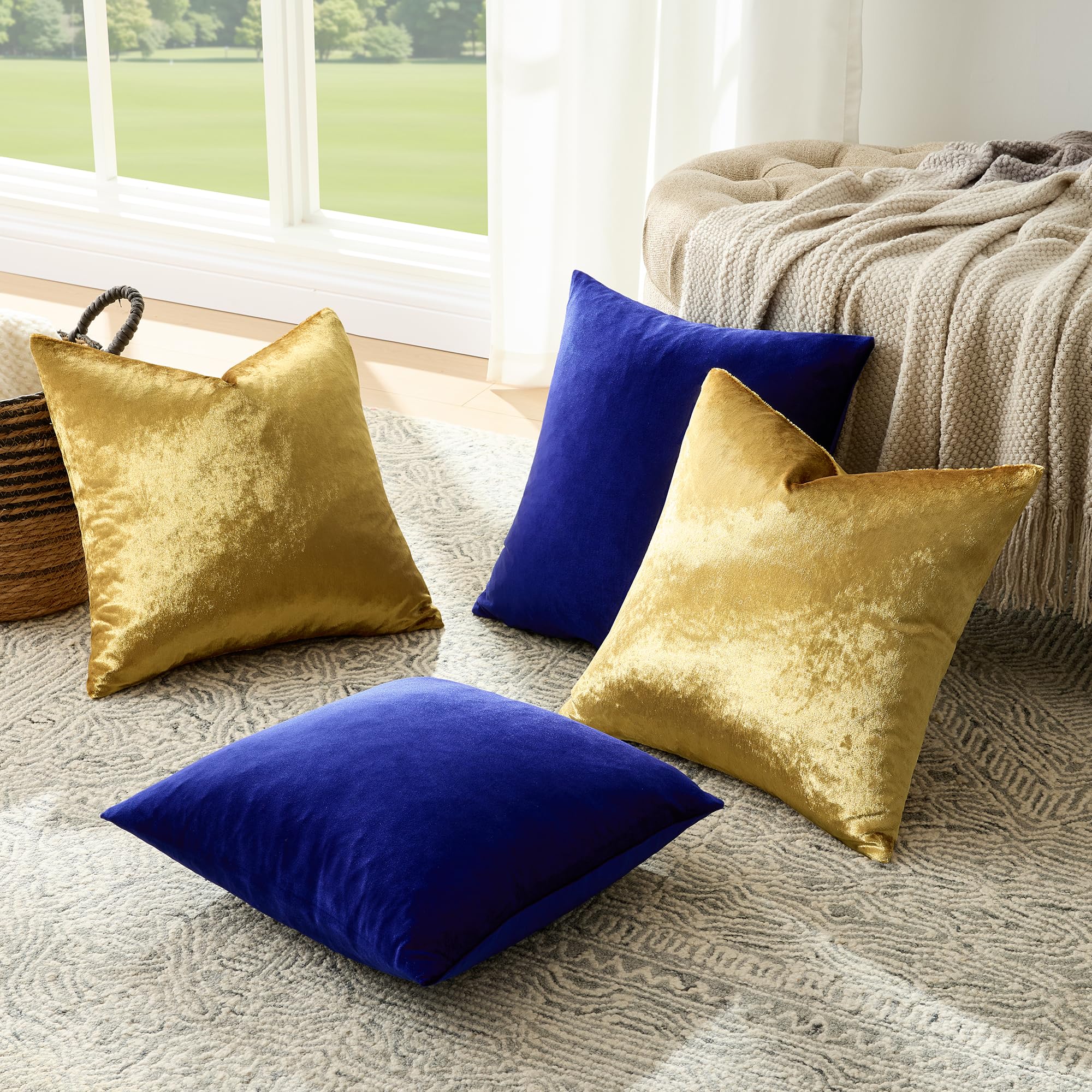 GIGIZAZA Decorative Throw Pillow Covers 18 x 18,Gold Black Soft, Set of 4 Square Velvet Cushion Covers: Blue+gold 20" x 20" (Pack of 4)
