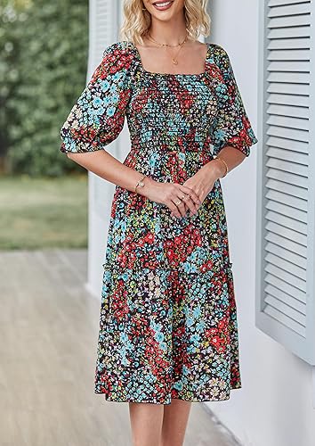 Miniatura 6 de PRETTYGARDEN - Vestidos informales de verano y primavera para mujer, manga abombada, cuello cuadrado, acampanados, bohemios, florales, fruncidos