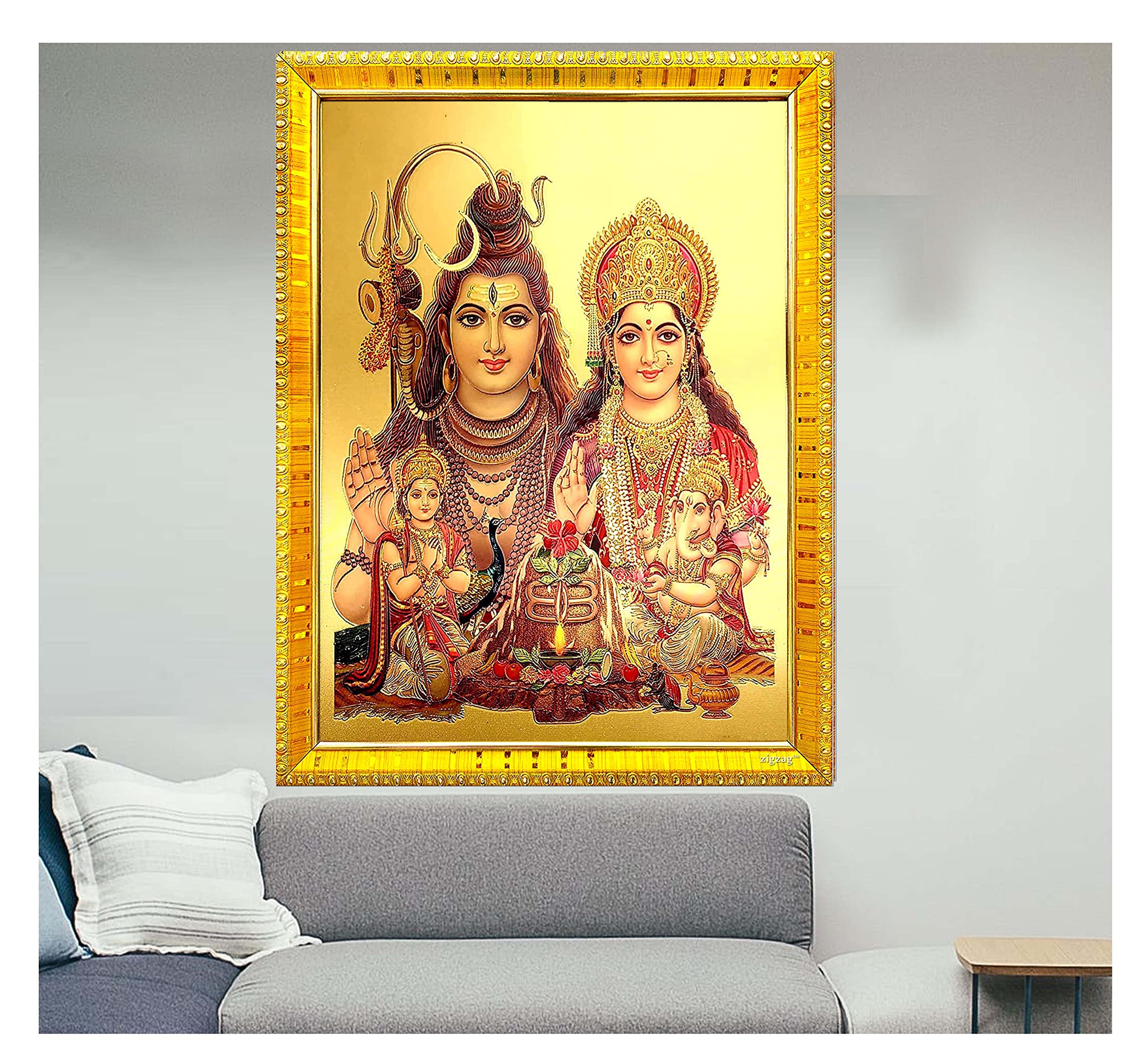 zig zag Bogini Bóg Shankar Family Shiva Parvati duża ramka na zdjęcia na ścianę / stół / Pooja rozmiar pokoju duża ramka na zdjęcia (40 x 61 cm, szkło akrylowe), złota