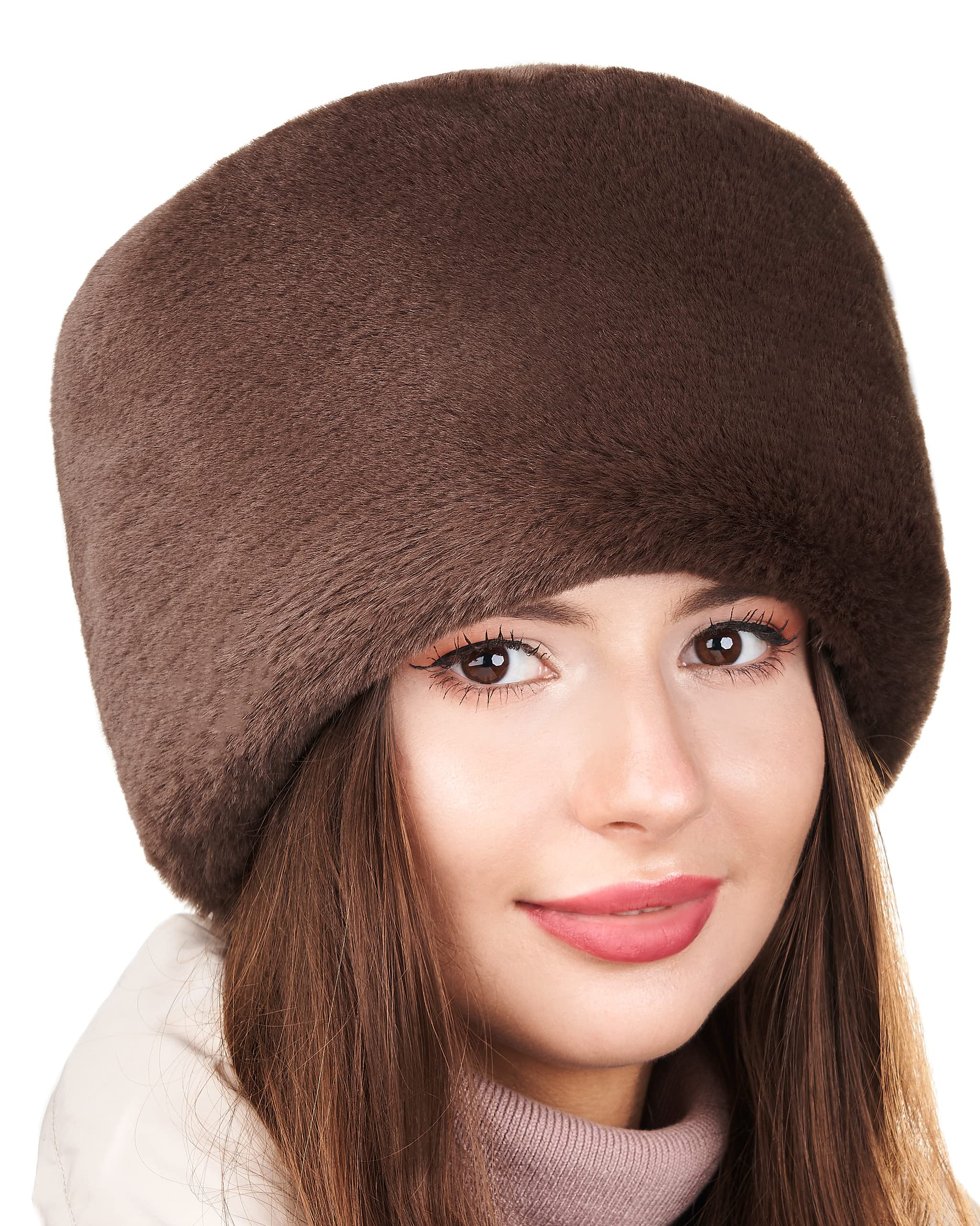 Futrzane Modern Cossack Hat - Ladies Faux Fur Hats - Soft Winter Hat for Women (S, Brown Modern)
