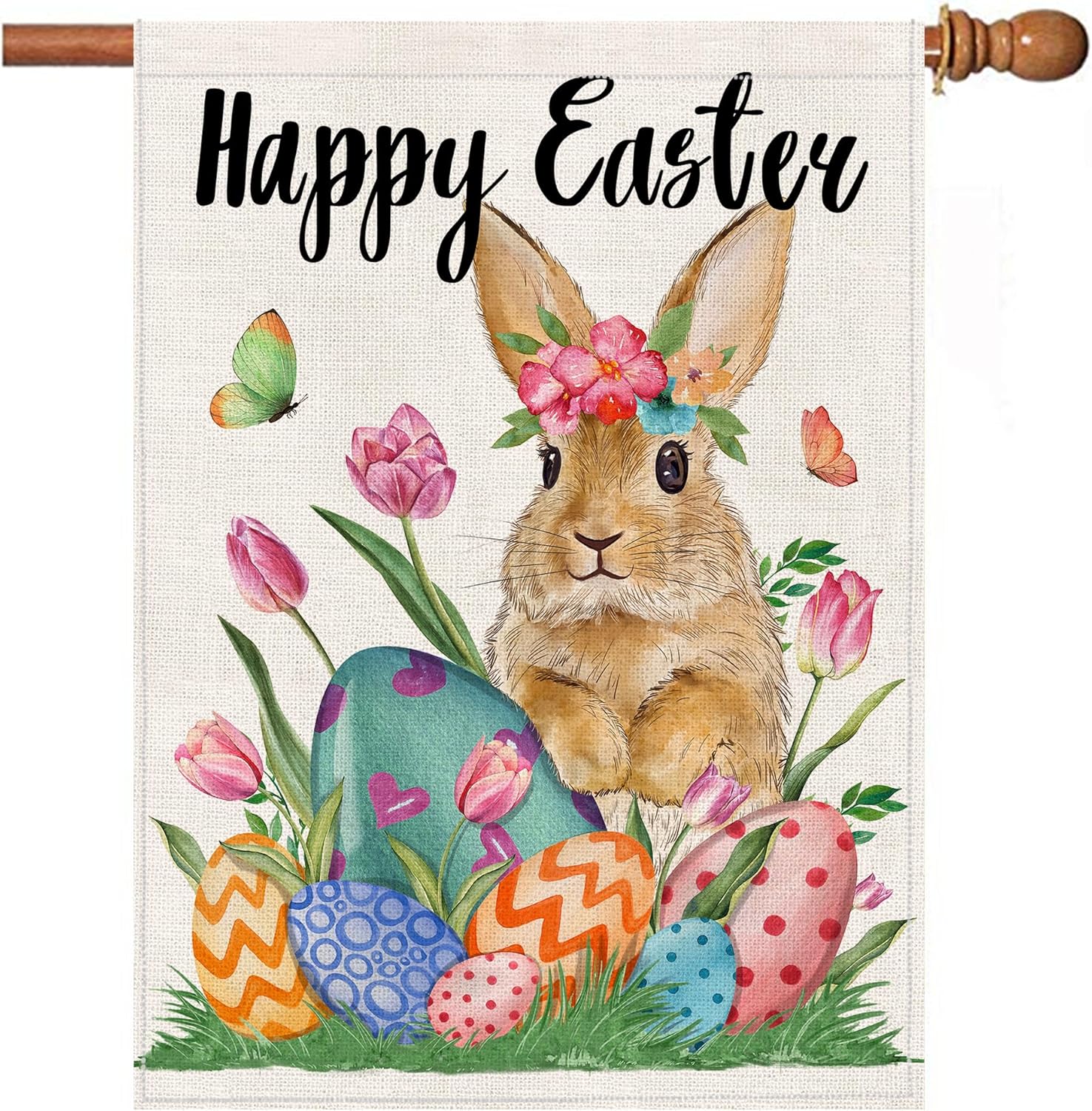 Hexagram Easter Flag, Easter Flags 28 x 40 Double Sided, Happy Bunny Eggs Yard for Outside Home Decor