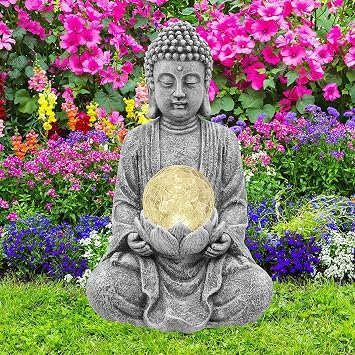 Nacome Meditating Buddha Statue with Solar Light,Zen Solar Garden Buddha with Cracked Glass Ball Sculpture-Indoor/Outdoor Decor for Balcony,Garden,Patio,Porch Yard Art Ornament,Gift