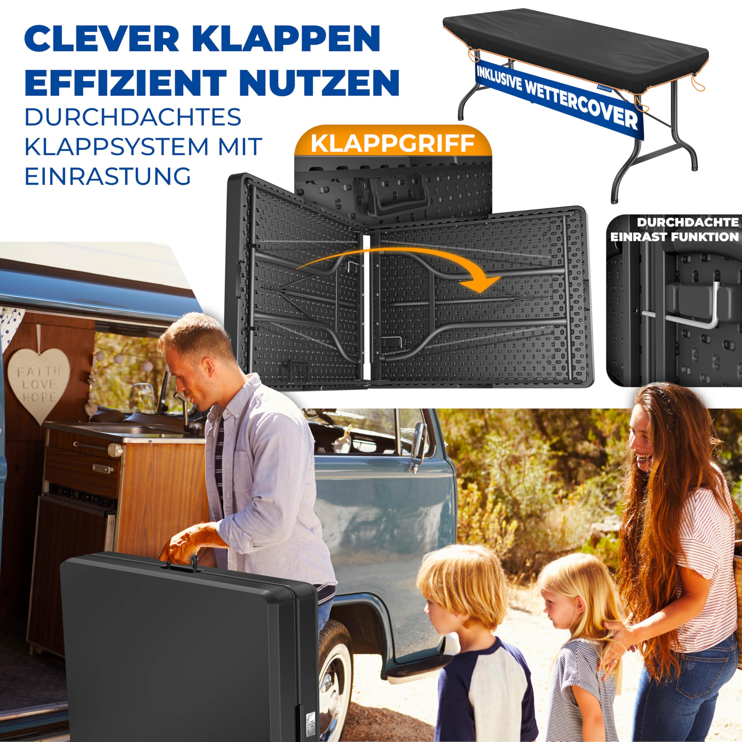 KESSER® Buffettisch Tisch klappbar Kunststoff 183x76 cm Campingtisch Partytisch Klapptisch Gartentisch für Garten, Terrasse und Balkon zusammenklappbar 6 Personen inkl. Cover & Tragegriff, Anthrazit