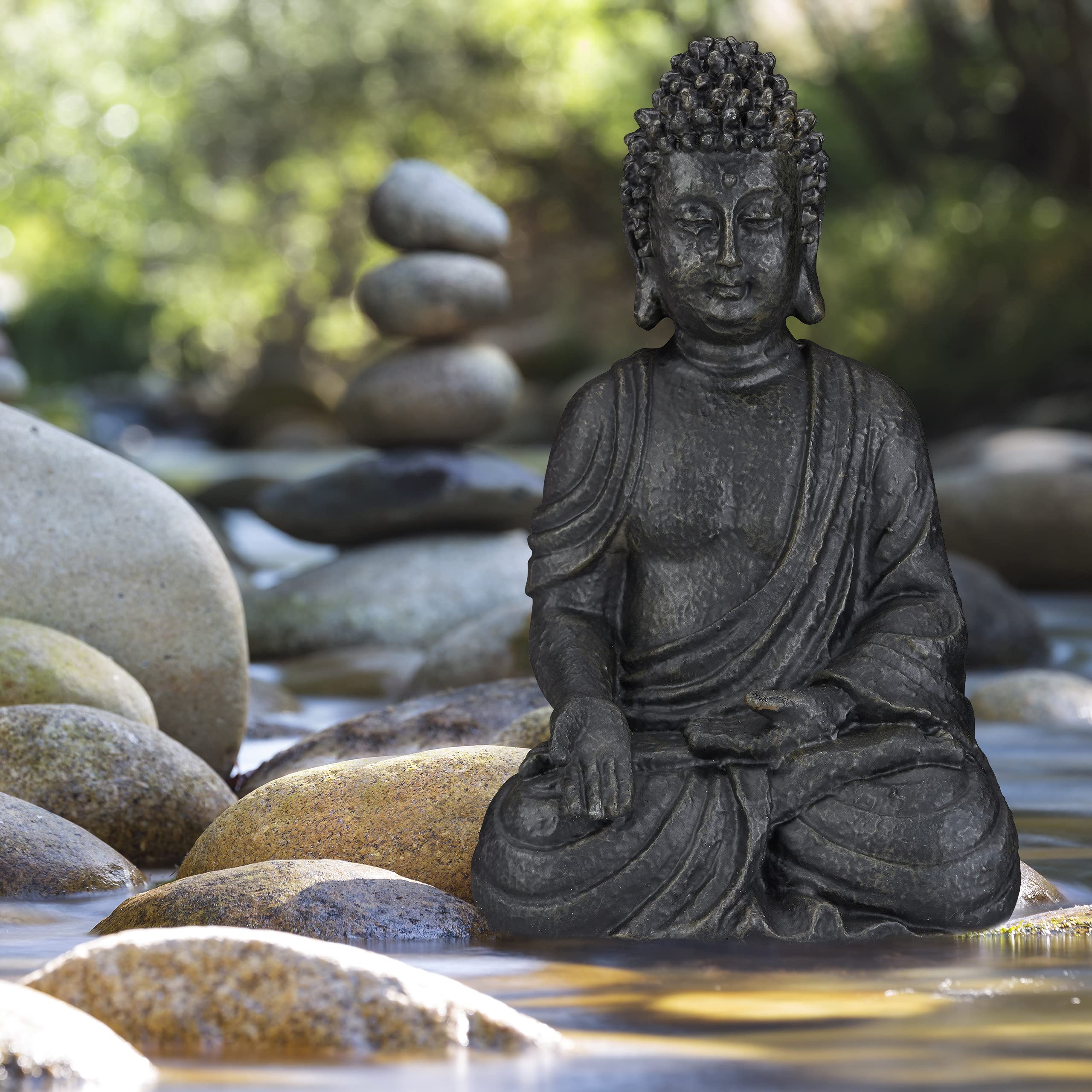 Relaxdays Statua Zen del Buddha Seduto XL, 40 cm, Feng Shui, per Esterni, da Giardino, Decorativa, Grigio Chiaro