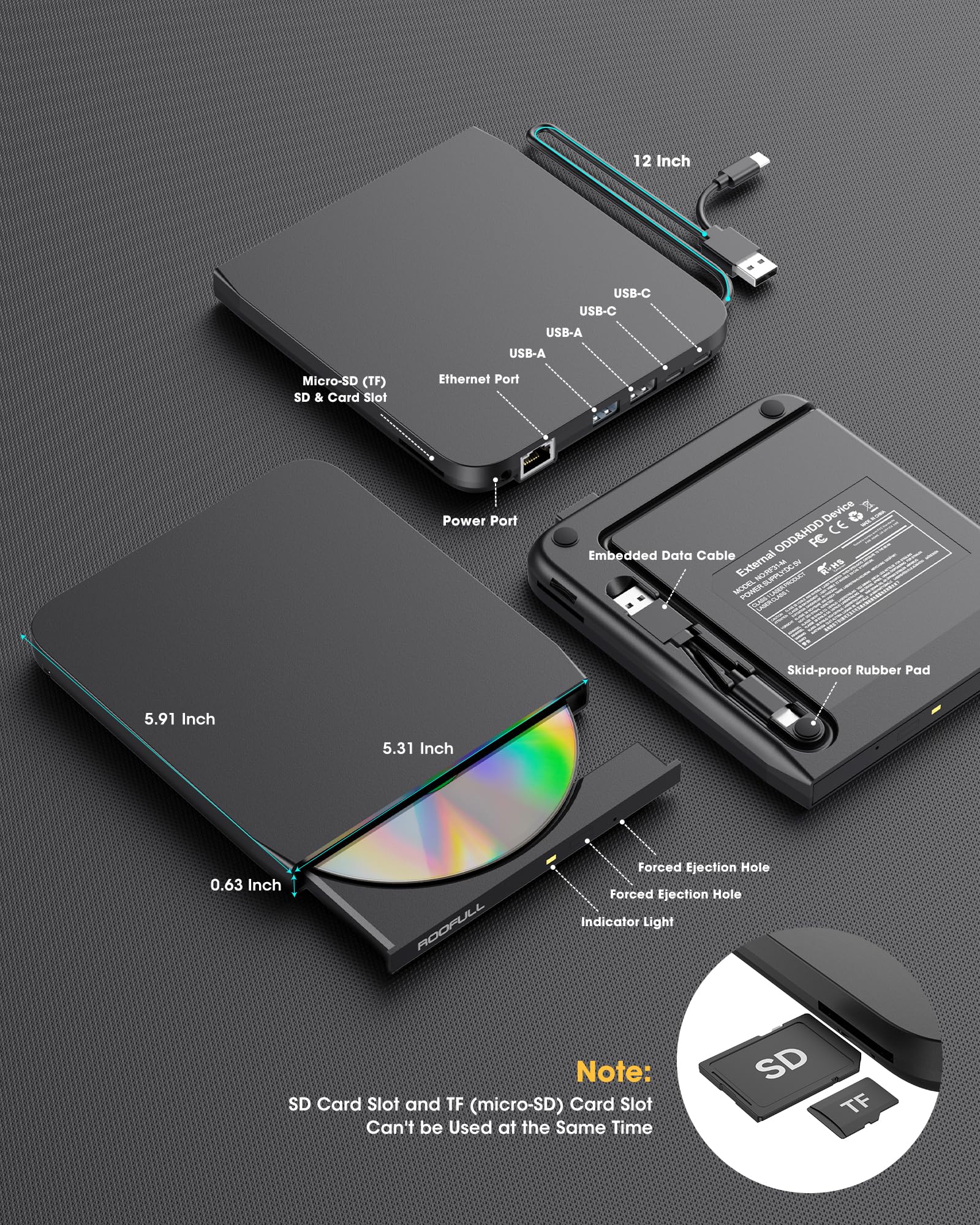 ROOFULL Lecteur CD DVD externe USB 3.0 avec adaptateur Ethernet, ports USB-A/C, fente pour carte SD/TF, étui de transport, lecteur CD DVD USB-C, graveur lecteur de disque optique pour Windows et Mac