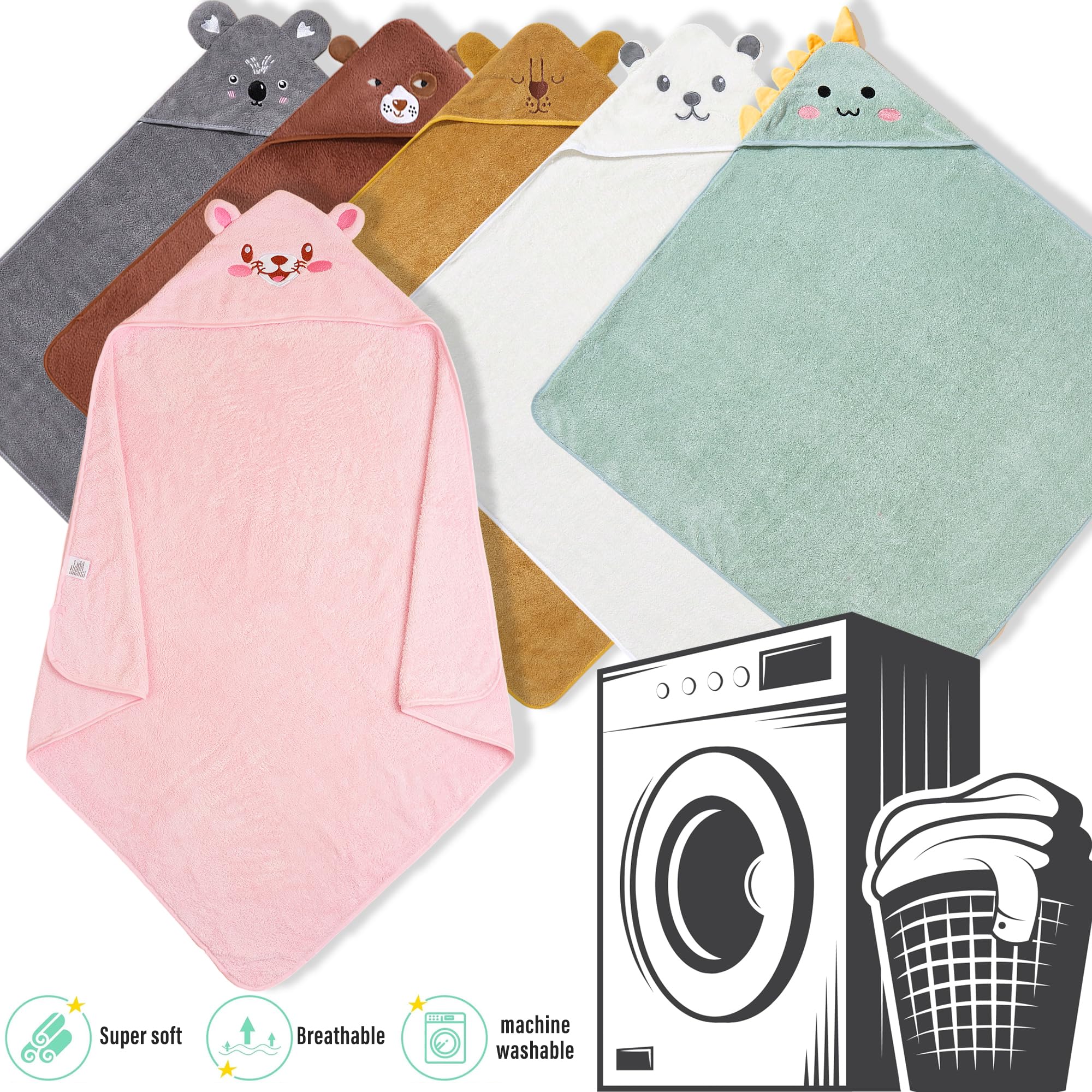 Yaiseiko Juego de 6 toallas de baño con capucha, suaves y absorbentes, con capucha, para recién nacidos, recién nacidos, bebés (80 x 80 cm)