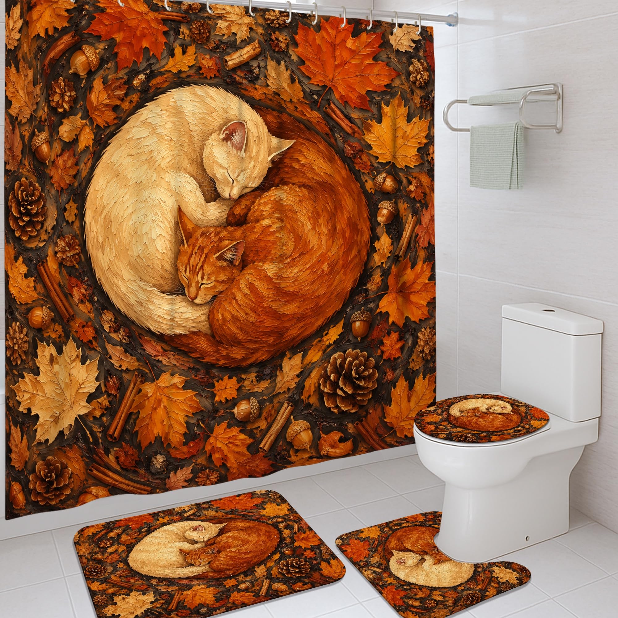 Rideau de douche étanche en toile orange 183x183 cm et tapis pour éviter les sols glissants