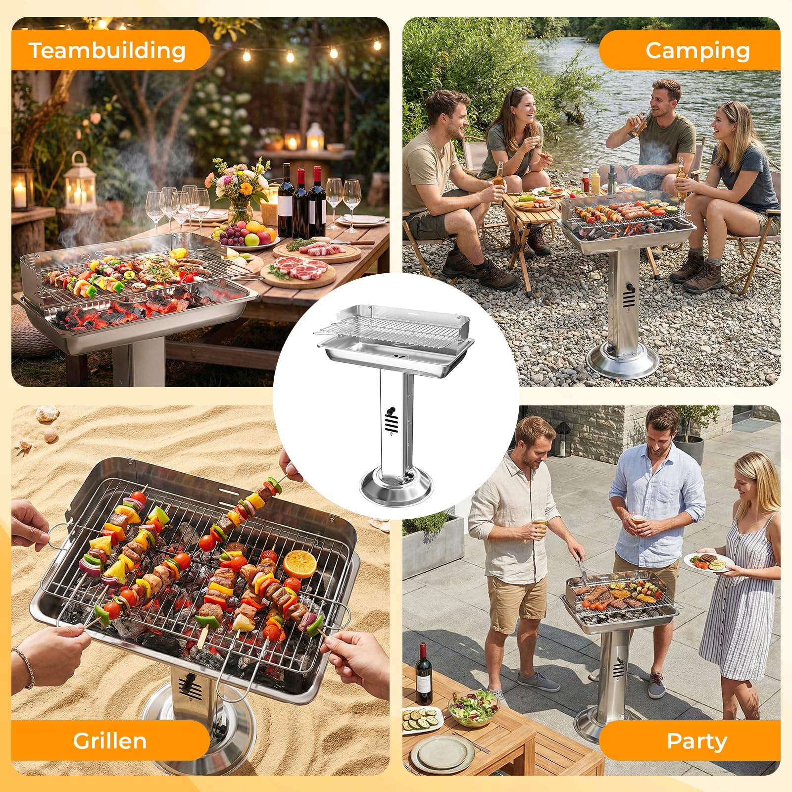 TLGREEN Barbecue à charbon de bois en acier inoxydable, Barbecue à colonne 52*32*84cm, Hauteur réglable en 3 directions, avec grille de chromée, ventilation et Cendrier, Plage, Outdoor, Camping, BBQ