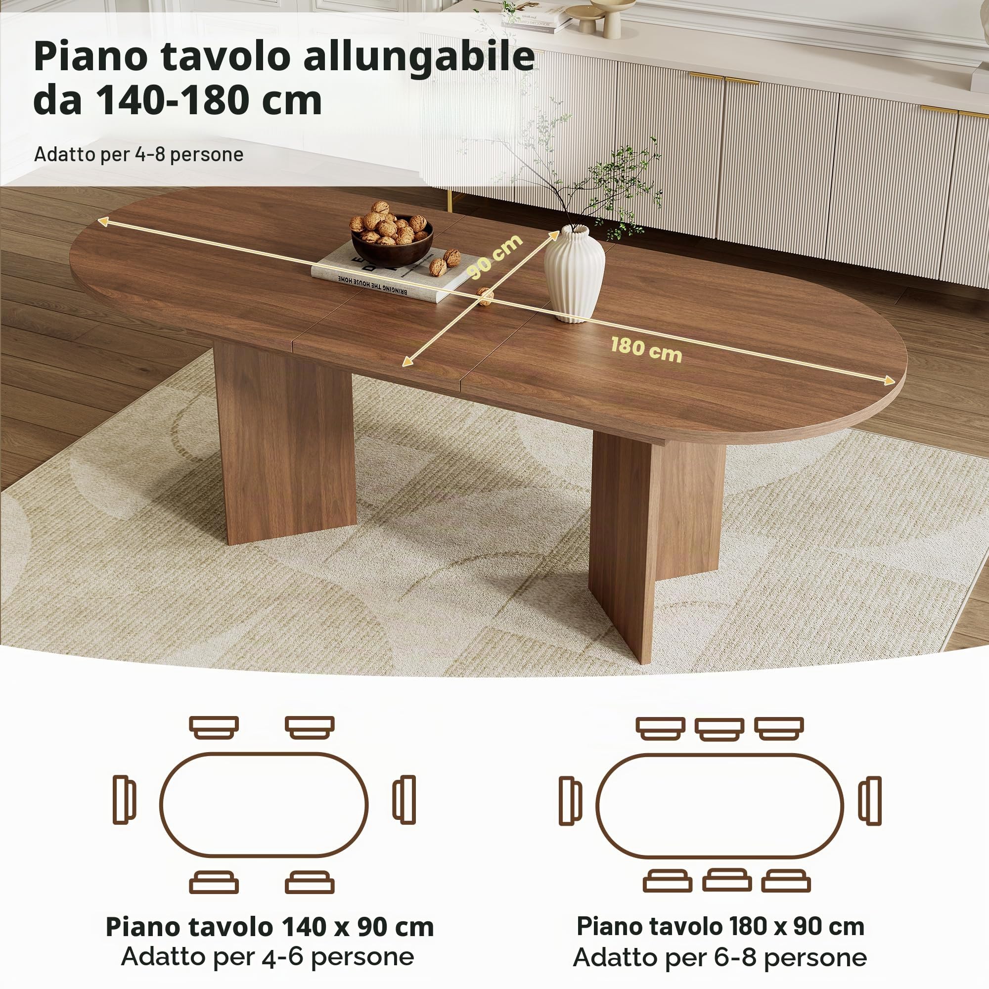 Tavolo allungabile sala da pranzo140/180 x 90 x 75 cm, Tavolo cucina adatto per 4-8 persone, Tavolo ovale allungabile adatto a sale da pranzo, soggiorni e uffici(Colore legno di noce)
