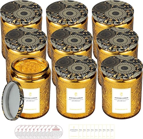 Miniatura 1 de Contenedor de vela de vidrio parpadeante en relieve de 8.8 onzas, paquete de 9 tarros de vela brillante galvanizados con tapa en relieve para hacer