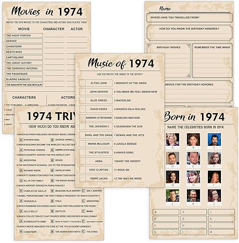 Miniatura 1 de QUPT Juegos de fiesta de 50 cumpleaños, juego de 5 actividades para 10 invitados, paquete de juegos nacidos en 1973, suministros de fiesta de