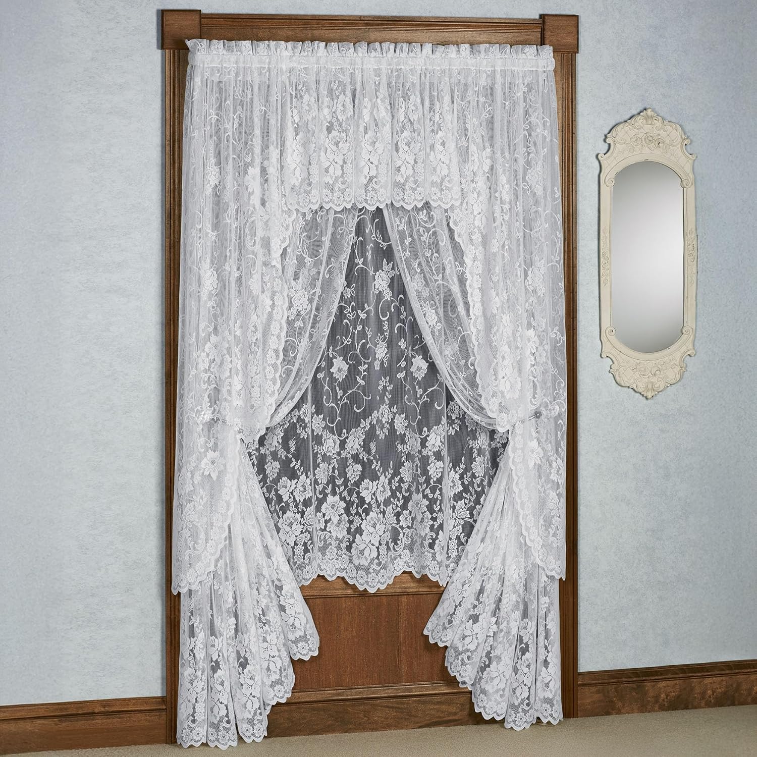 Luxury Sheer Polyester Enchanting Roses Lace Window Treatment | 3 Piece Set: Scallop Valance, 63L Swag Pair, and 63L Panel | Classic Flower | White | Rod Pocket | Machine washable | Light Filtering