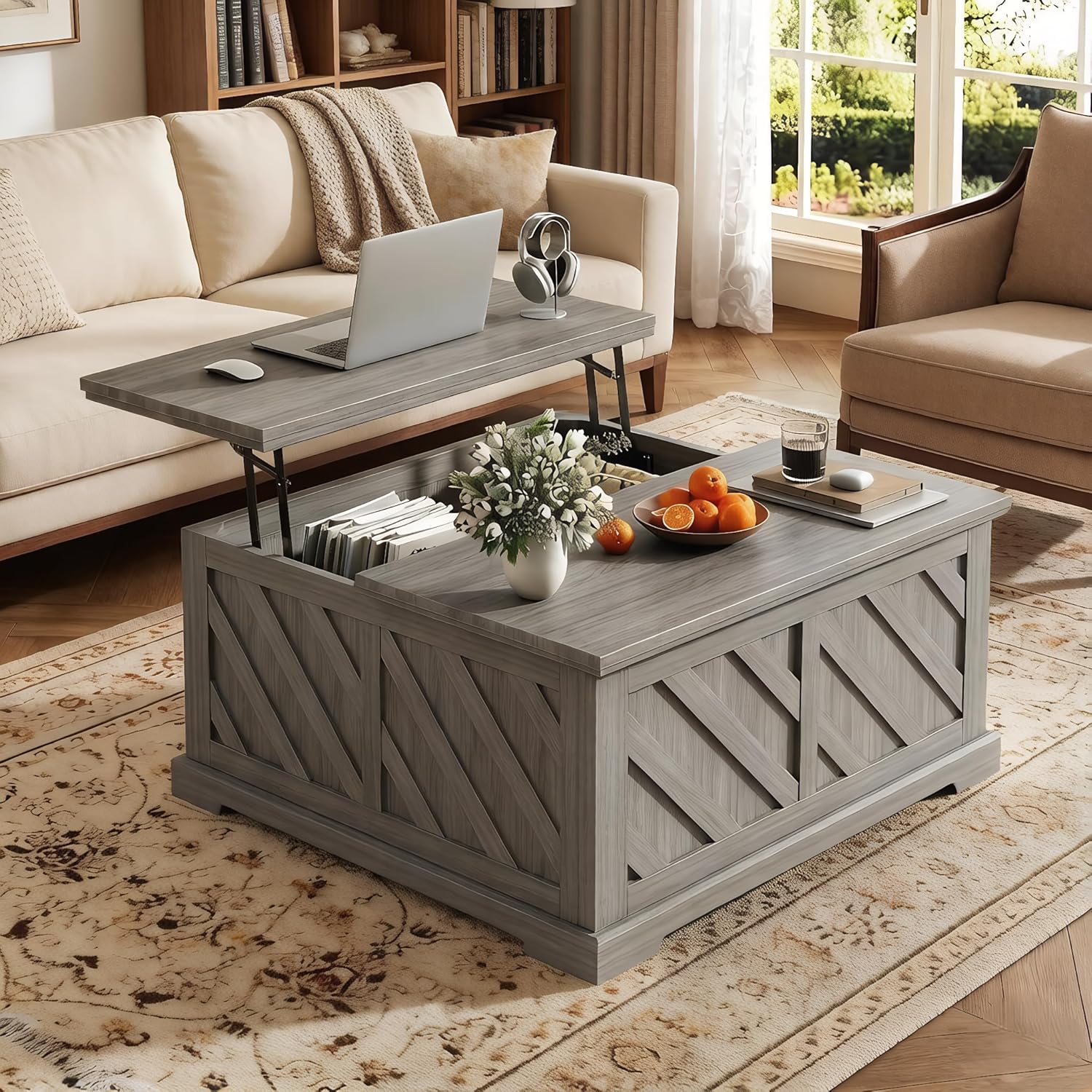 Amada Lift Top Coffee Table with Storage, Smooth Lifting Center Table with Hidden Compartment, Diagonal Pattern Wood Coffee Table for Living Room and Home Office, Gray