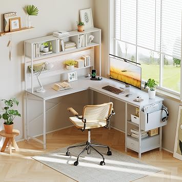 CAIYUN L Shaped Desk, 58 Computer desk with Storage Shelves, Reversible Gaming Desk with Power Outlet, Corner Desks for Home Office, Study, White