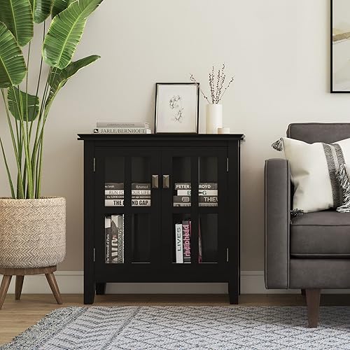 Miniatura 2 de SIMPLIHOME Armario de madera maciza artesanal de 30 pulgadas de ancho contemporáneo de almacenamiento bajo en negro, para sala de estar, entrada y