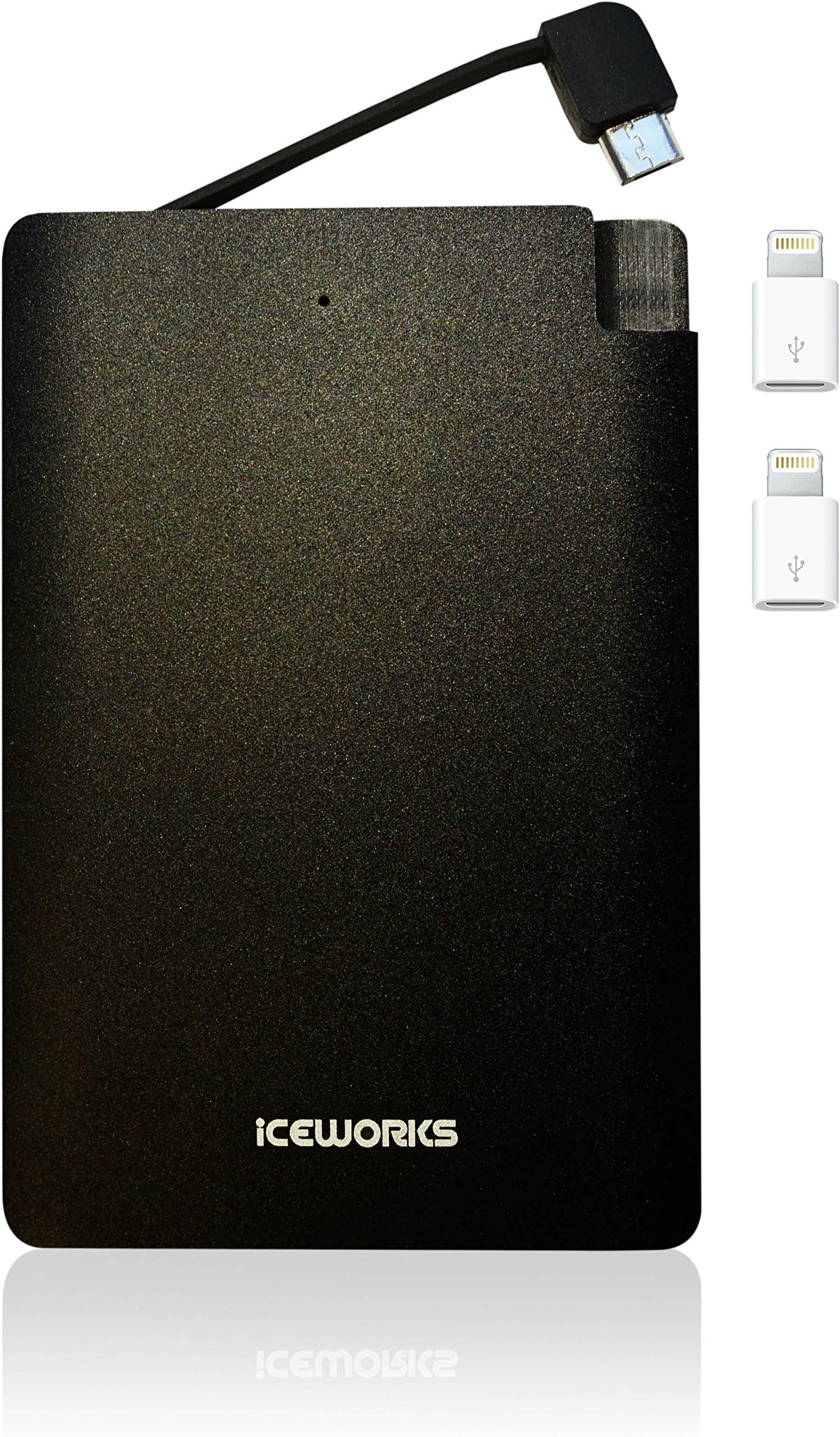Iceworks 3000 - Built In Cable Power Bank - Compact and Lightweight Portable Charger For Android (Micro-USB) and iPhone (Lightning) - Small, Slimline External Battery Includes Two Free Apple Adapters