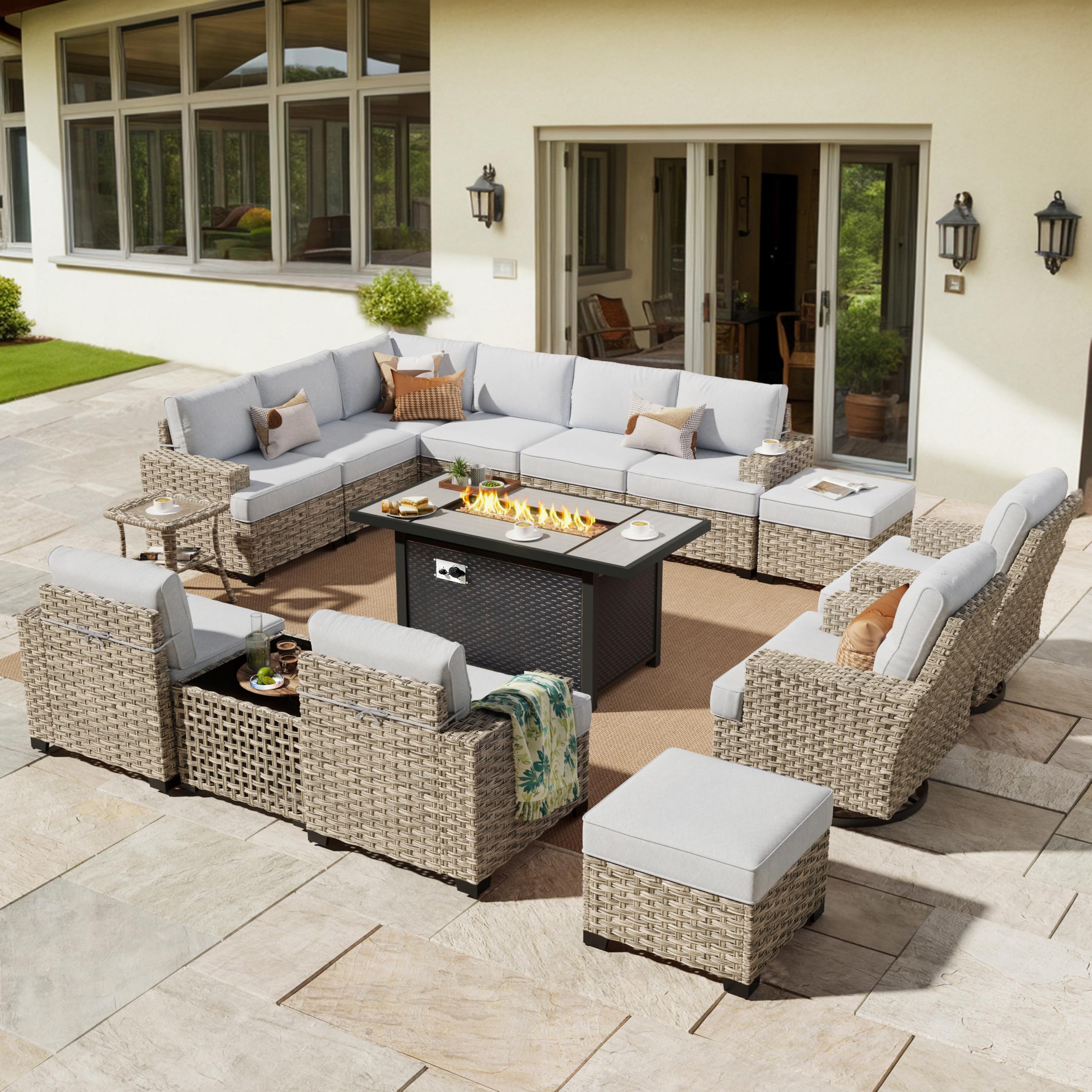 HOOOWOOO Outdoor Sectional Patio Furniture Set with Fire Pit Table,15 Pieces Wicker Conversation Sets L Shaped Couch,Extra Deep Out Door Sofa Outside