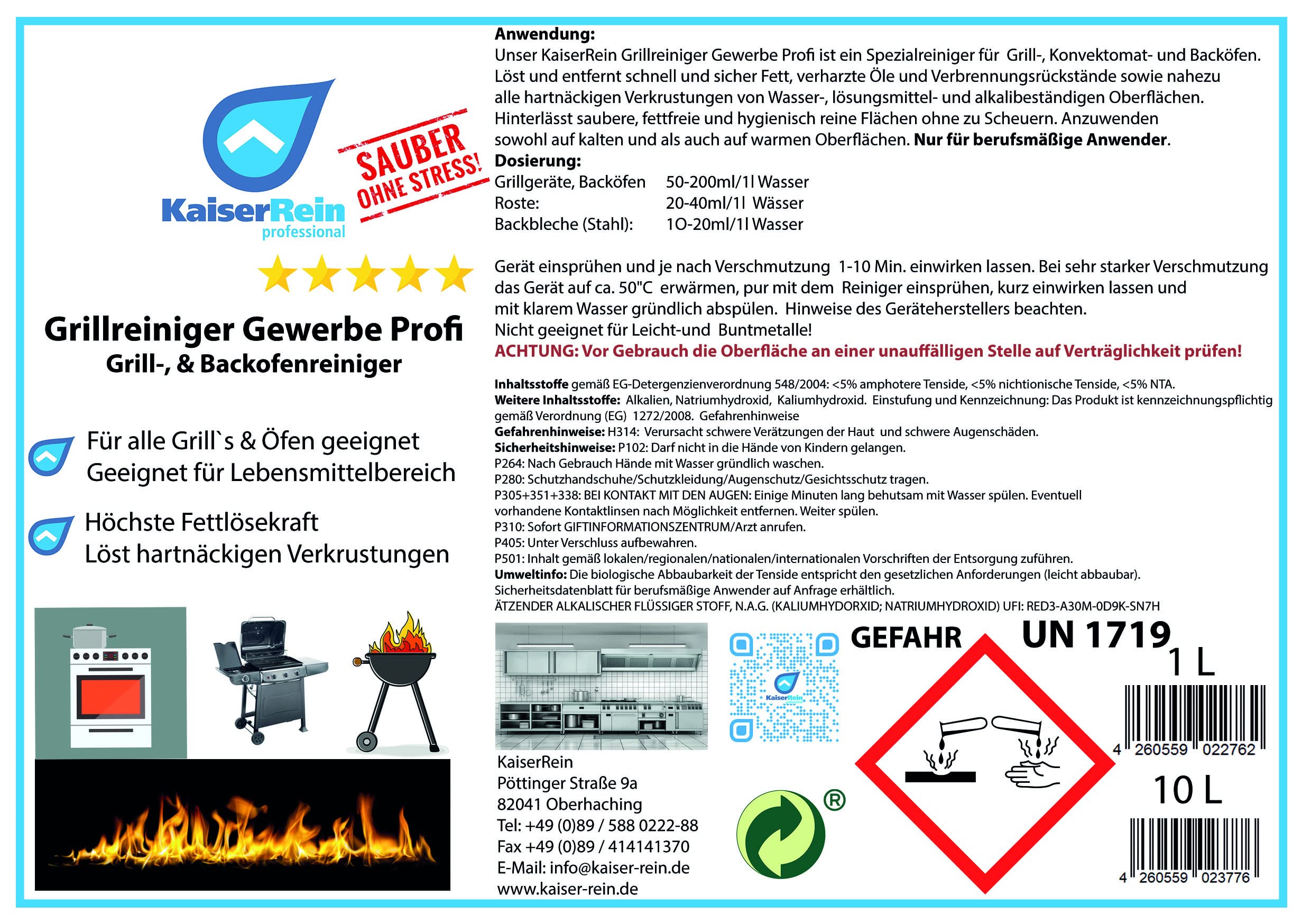 KaiserRein Grillreiniger Gewerbe Profi Grill-, & Backofenreiniger Spray 8x1L Extra starker Fettlöser für Grill und Ofen I Grillrost Reiniger für Gasgrill I Backofen Reiniger