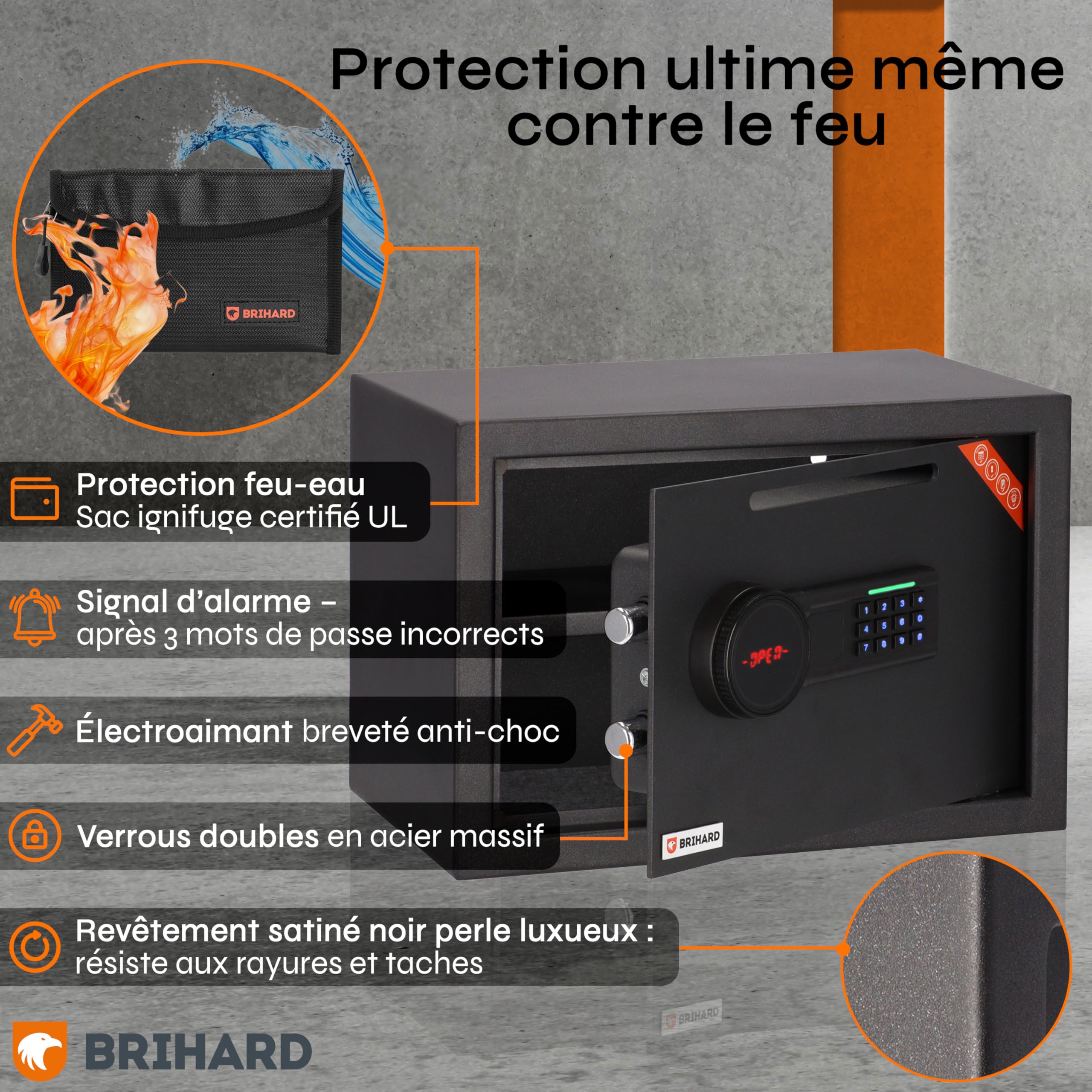 Coffre-fort de dépôt 25 x 35 x 25 cm avec fente, boîte électronique verrouillable pour argent liquide avec sac ignifuge, coffre-fort de 20 L avec serrure à clavier numérique et écran LCD