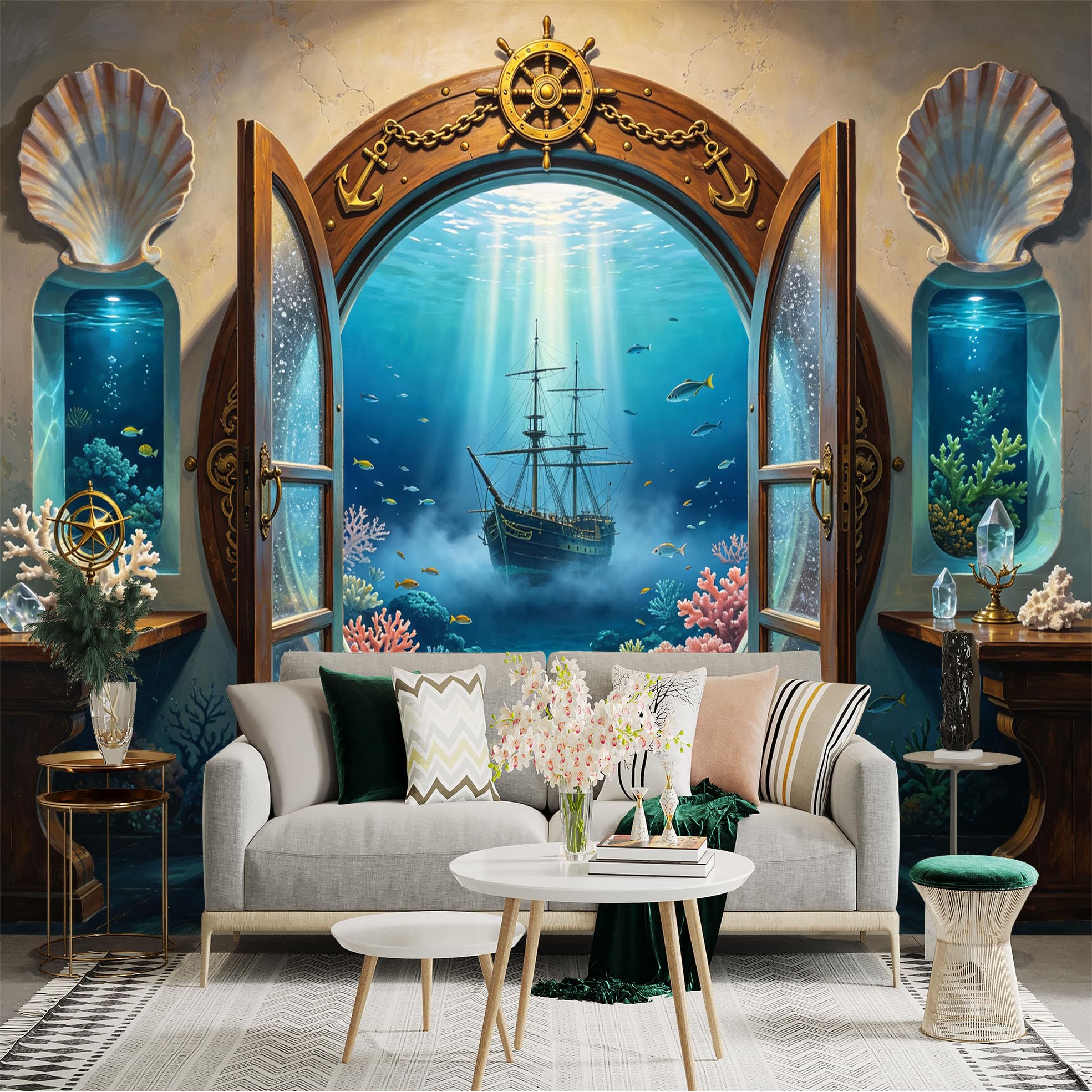 Custom Size Wall Sticker Mural， Underwater Shipwreck Ocean View， Coral Reef and Nautical Porthole， for wall Decoration， peelandstick wall Decals.