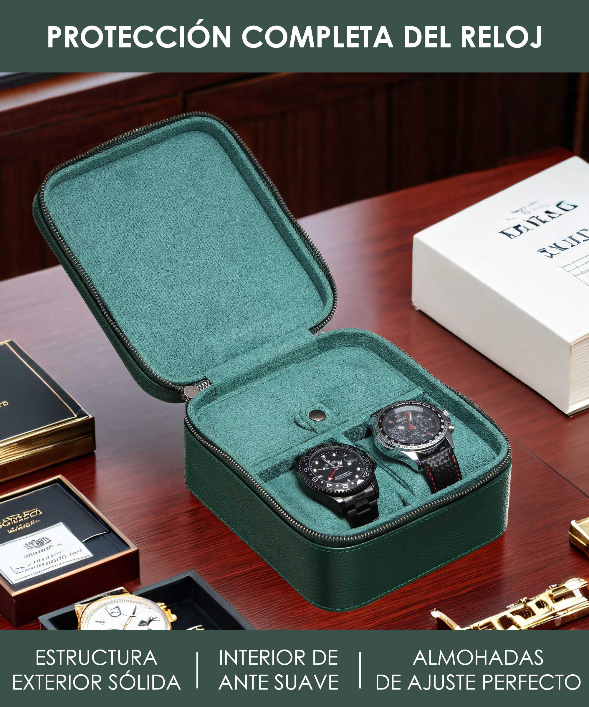 Étui de voyage pour 2 montres avec compartiment de rangement pour lunettes, en cuir pleine fleur, fermeture éclair de protection portable robuste, compatible avec toutes les montres et montres