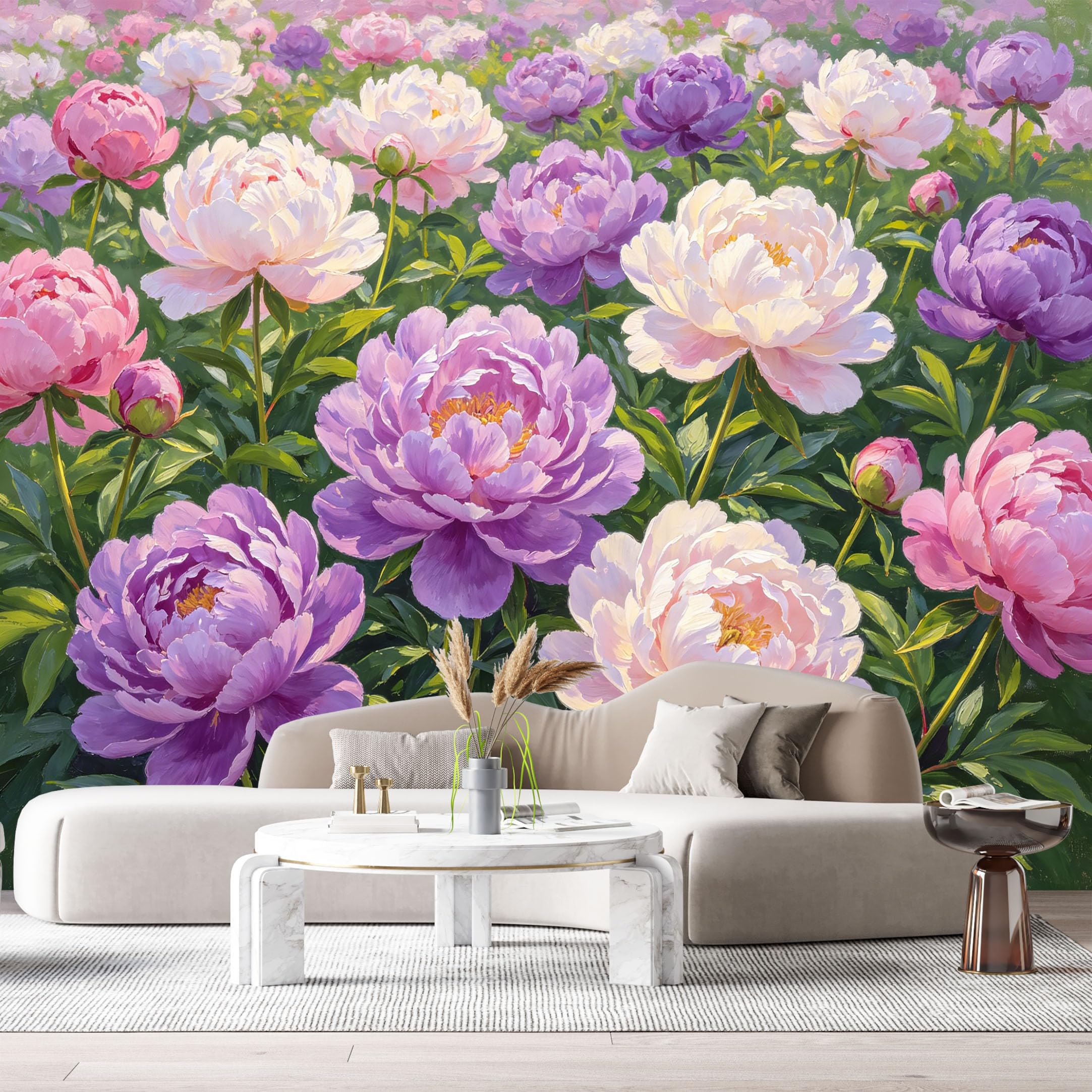 Custom Size Wall Murals Pink Purple Peony Flowers Botanical Watercolor Oil Painting SelfAdhesive Wall Fabric Removable Large Wallpaper for Photo Living Room
