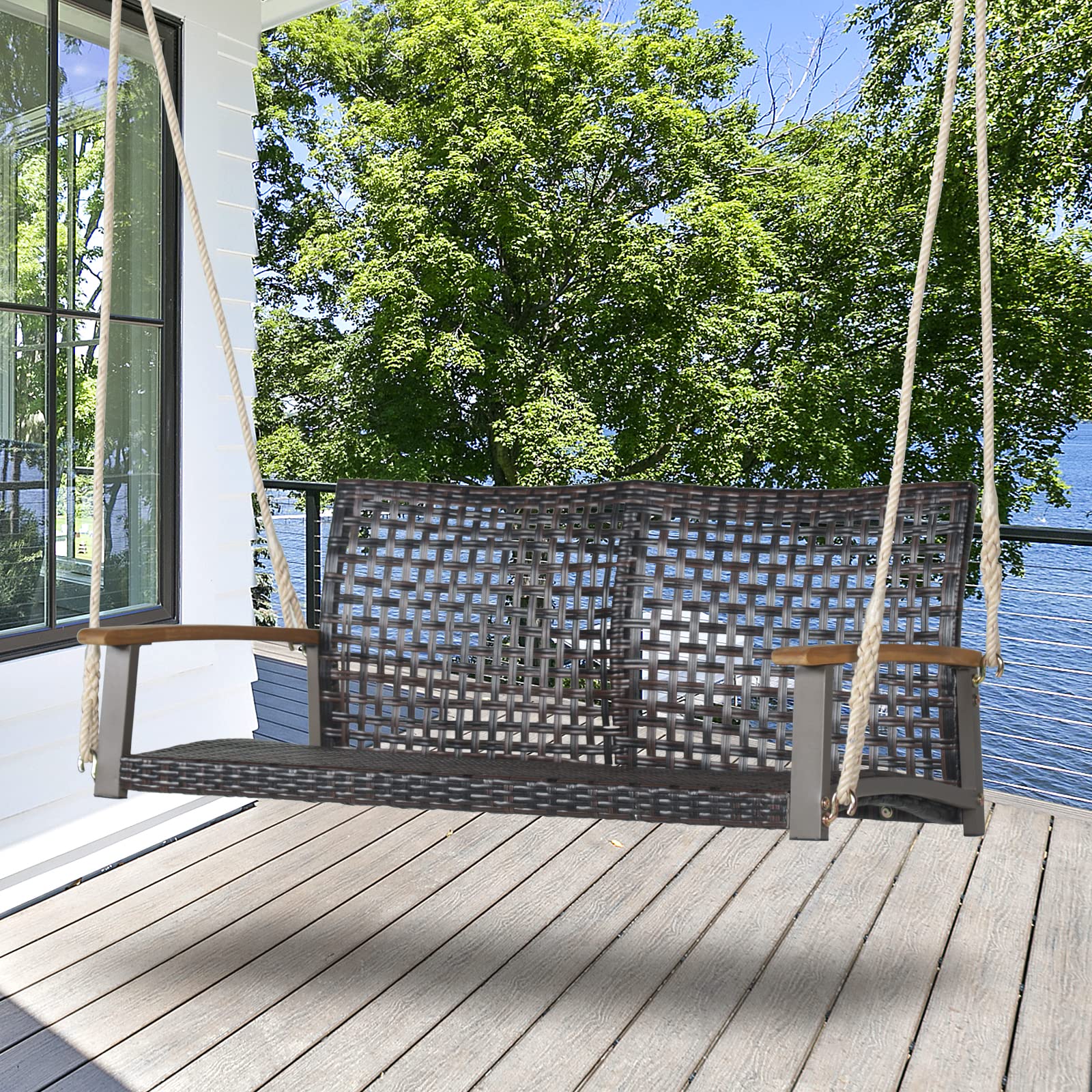 GIANTEX Schaukelbank Outdoor 2 Sitzer, Hängebank PE-Rattan, Gartenschaukel Veranda-Schaukel zum Aufhängen, bis 360 kg belastbar, Hollywoodschaukel Schaukel für Balkon Veranda Terrasse