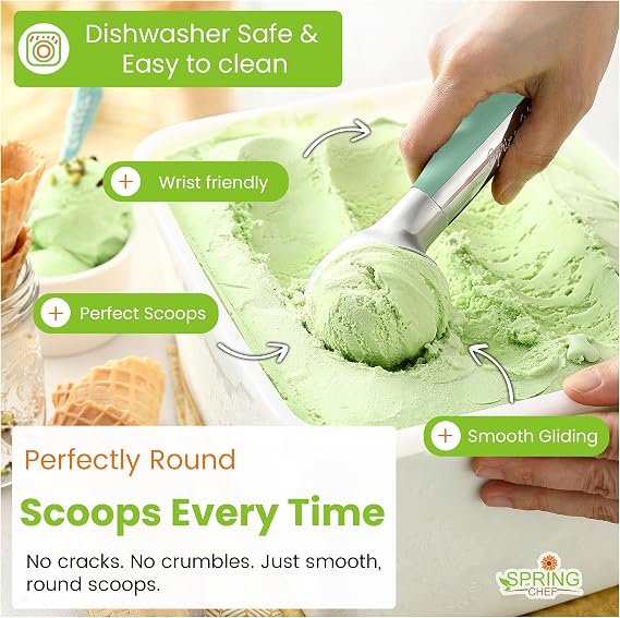 Spring Chef Heavy Duty Metal Ice Cream Scoop with Soft Grip Handle, Mint