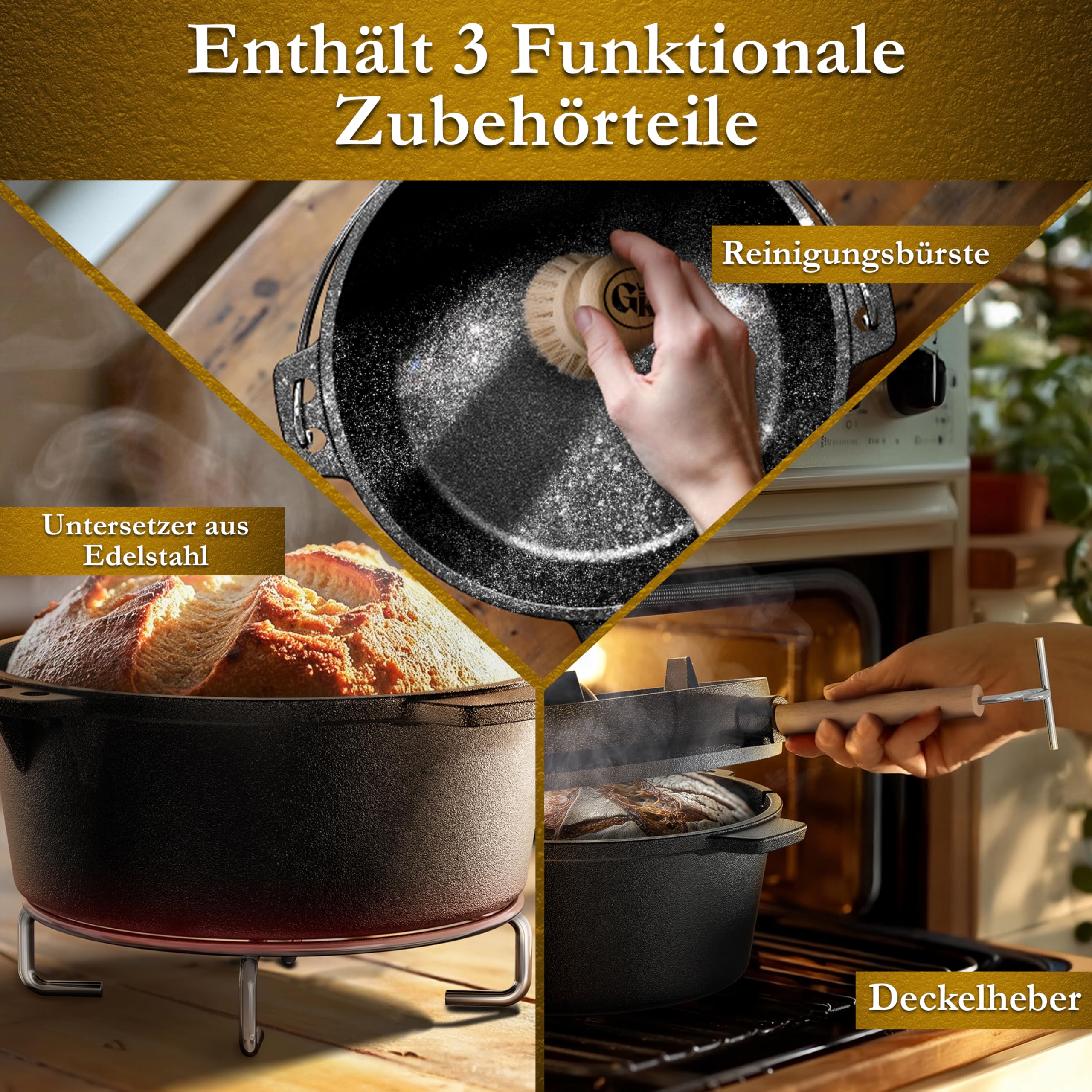 GUSSKÖNIG Gusseisen Brotbackform mit Deckel 33 cm - Brotbacktopf inkl. Rezeptbuch I Brottopf zum backen I Brot Backen Zubehör I eingebrannter Dutch Oven zum Brotbacken I Gusseisen Topf Brot backen