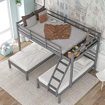 Wood Triple Bunk Bed, Full Over Twin & Twin Bunk Bed for Family, Wood Gray bk