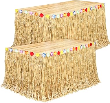 Fovths 2 Pack Luau Grass Table Skirt Natural - 9 Feet x 29.5 Inch Hawaiian Table Skirt for Tropical Luau Party Decorations, Straw Yellow