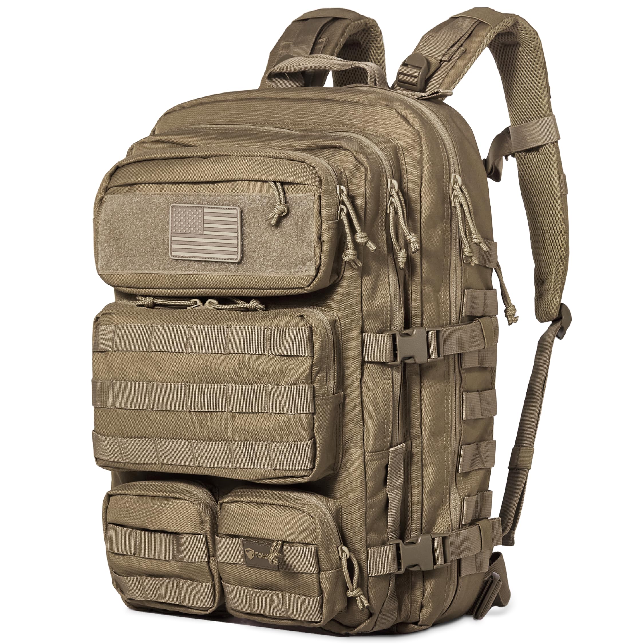 Falko Tactical Backpack for Men and Women 50L Backpack 2.4x Stronger Large Military Molle Rucksack, Bugout Backpack Outdoors, Desert Tan, L, Tactical