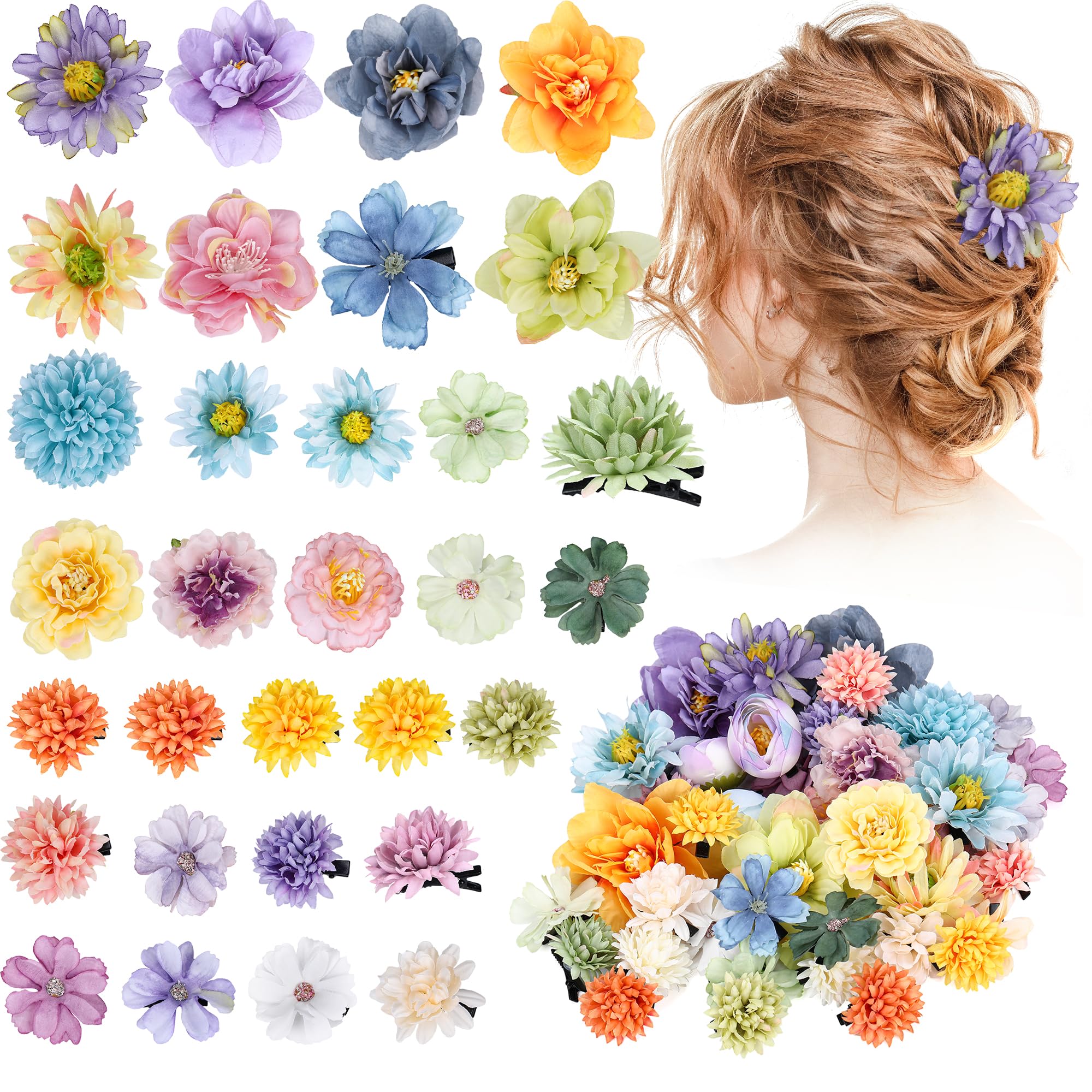 KorViSHOW 41 Pieces Flower Hair Clip Set Floral Pins for Women Girls Bride Handmade Flower Hair Aaccessories for Weeding(Yellow Green Blue Purple)