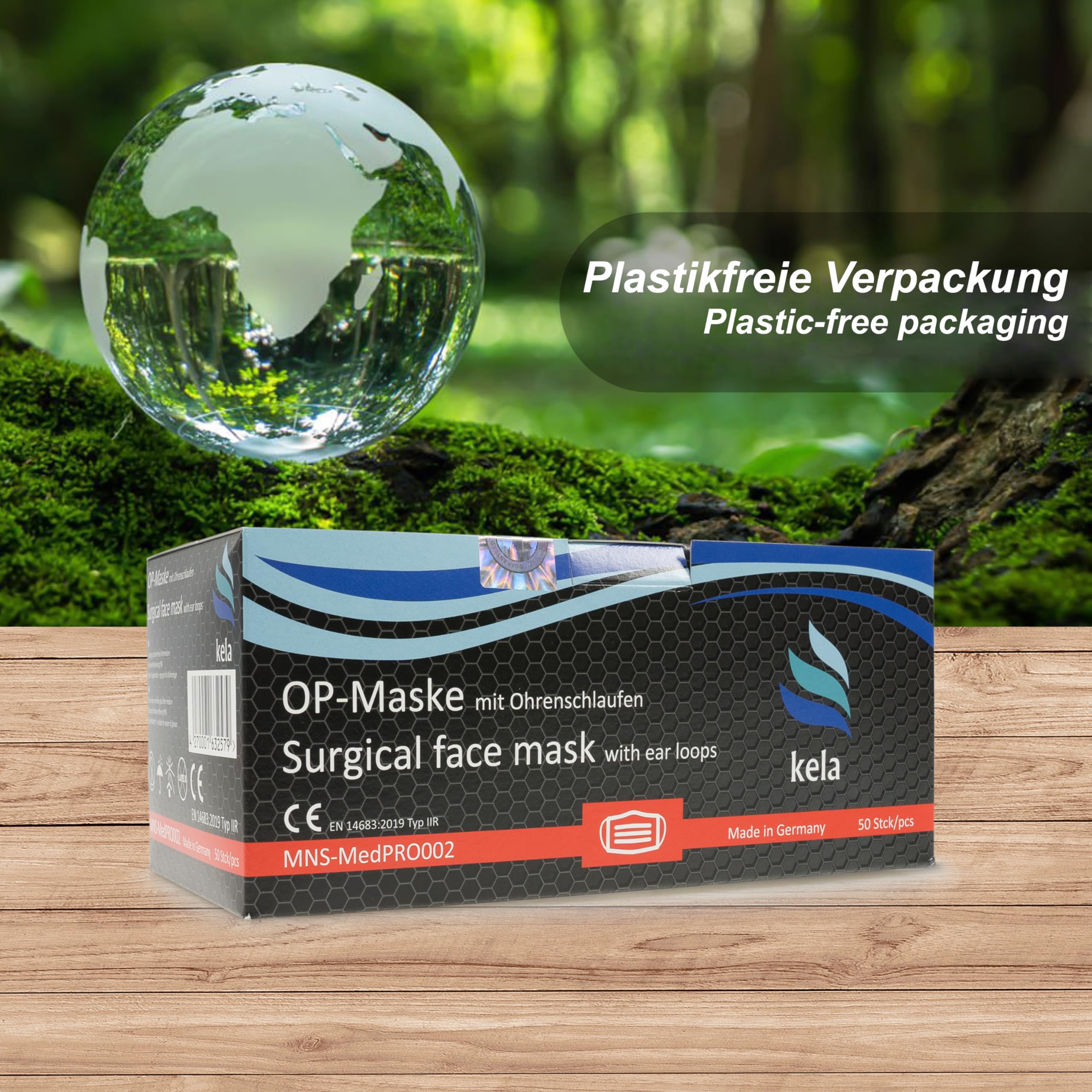 Kela maschere OP nero 100% Made in Germany maschera medica usa e getta certificazione CE DIN EN 14683 tipo II BFE > 98% 3 strati (50)