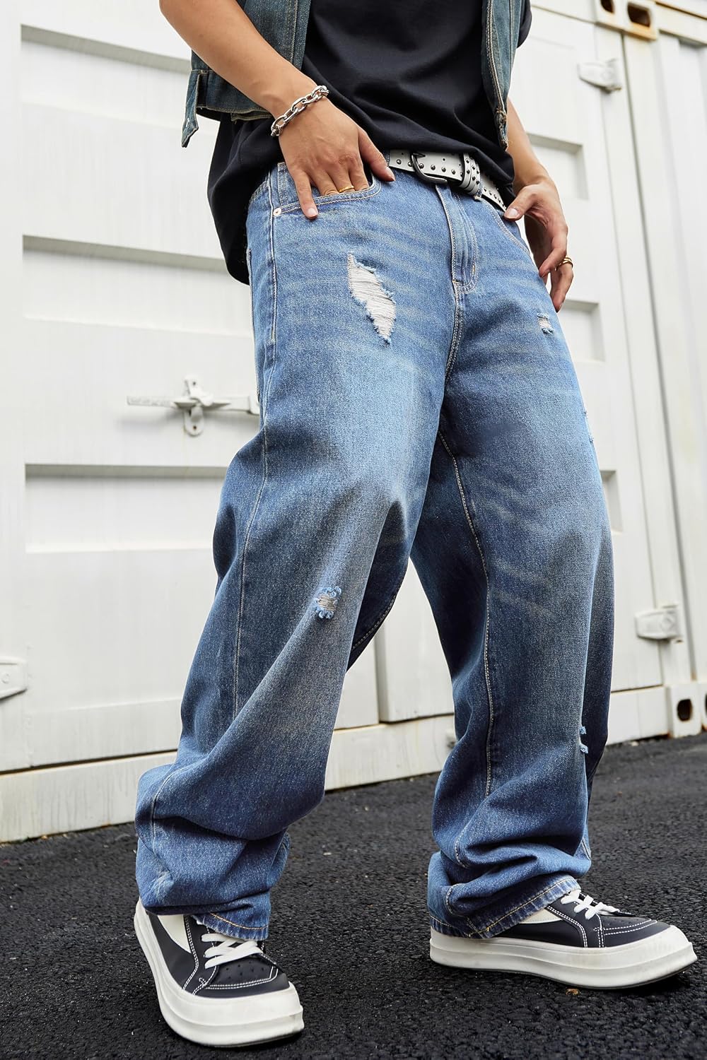 Men's Y2K Ripped Wide Leg Baggy Jeans - Loose Fit Hip Hop Denim Pants Casual Streetwear Trousers - Image 4