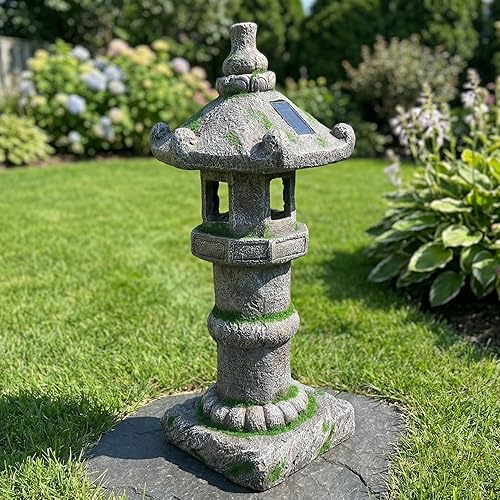 26" H Large Asian Zen Pagoda Outdoor Moss Solar-Powered Statue